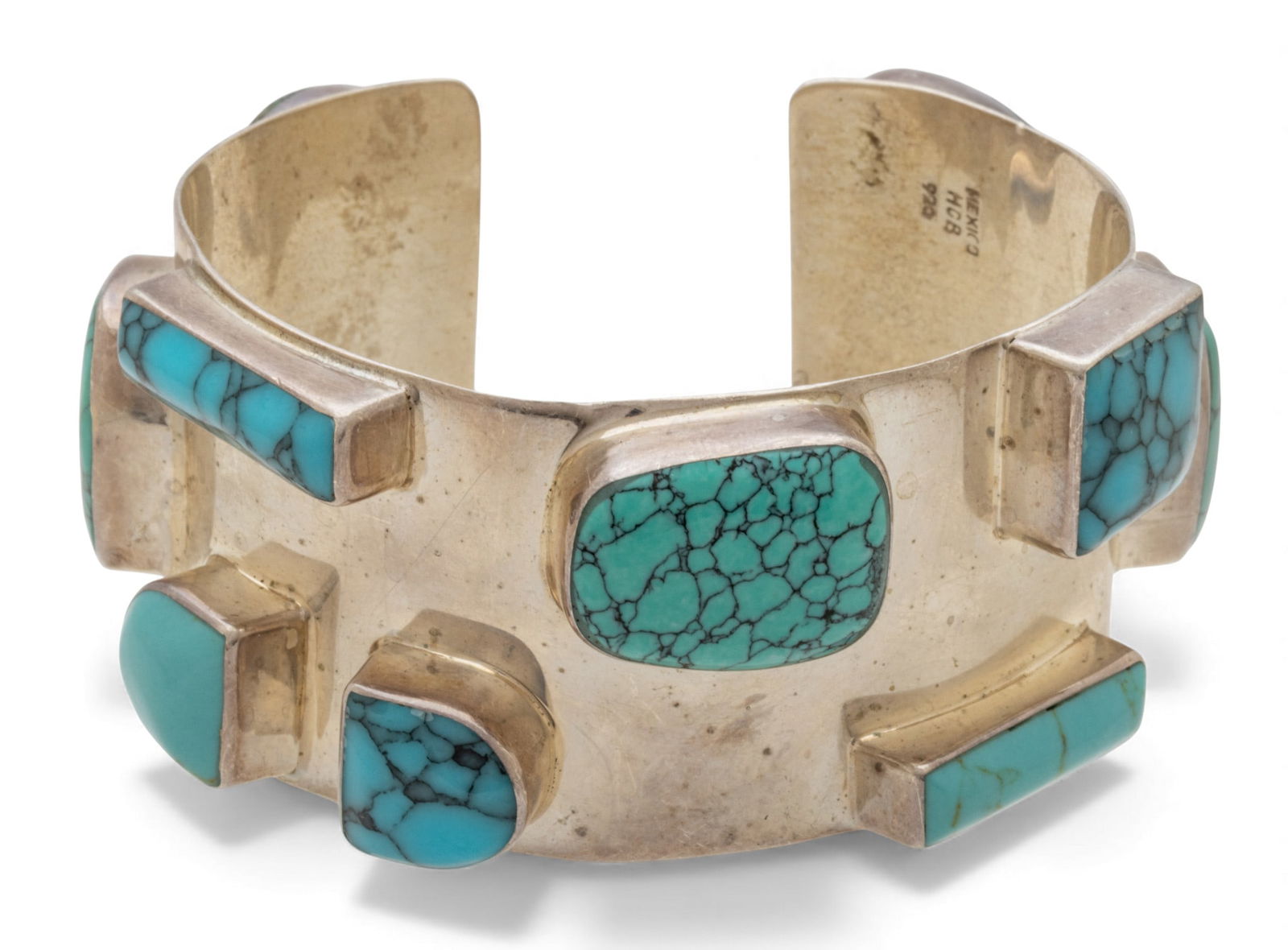 Mexico Sterling Silver Cuff Bracelet, 12 Turquoise Stones 1960, W 2.5" 84 g 1 PC (1 of 5)