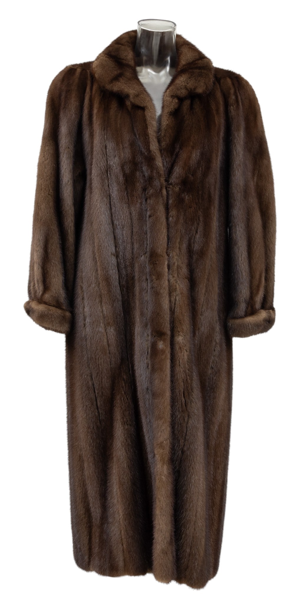 Ranch Mink Long Coat, Size 10 W 17" L 48": Ranch Mink Long Coat, Size 10 W 17" L 48" Mary McFadden label. Collar and cuffs. Dark black. Provenance: Property of a Grosse Pointe Park, MI private collector. Dimensions: W 17" L 48"