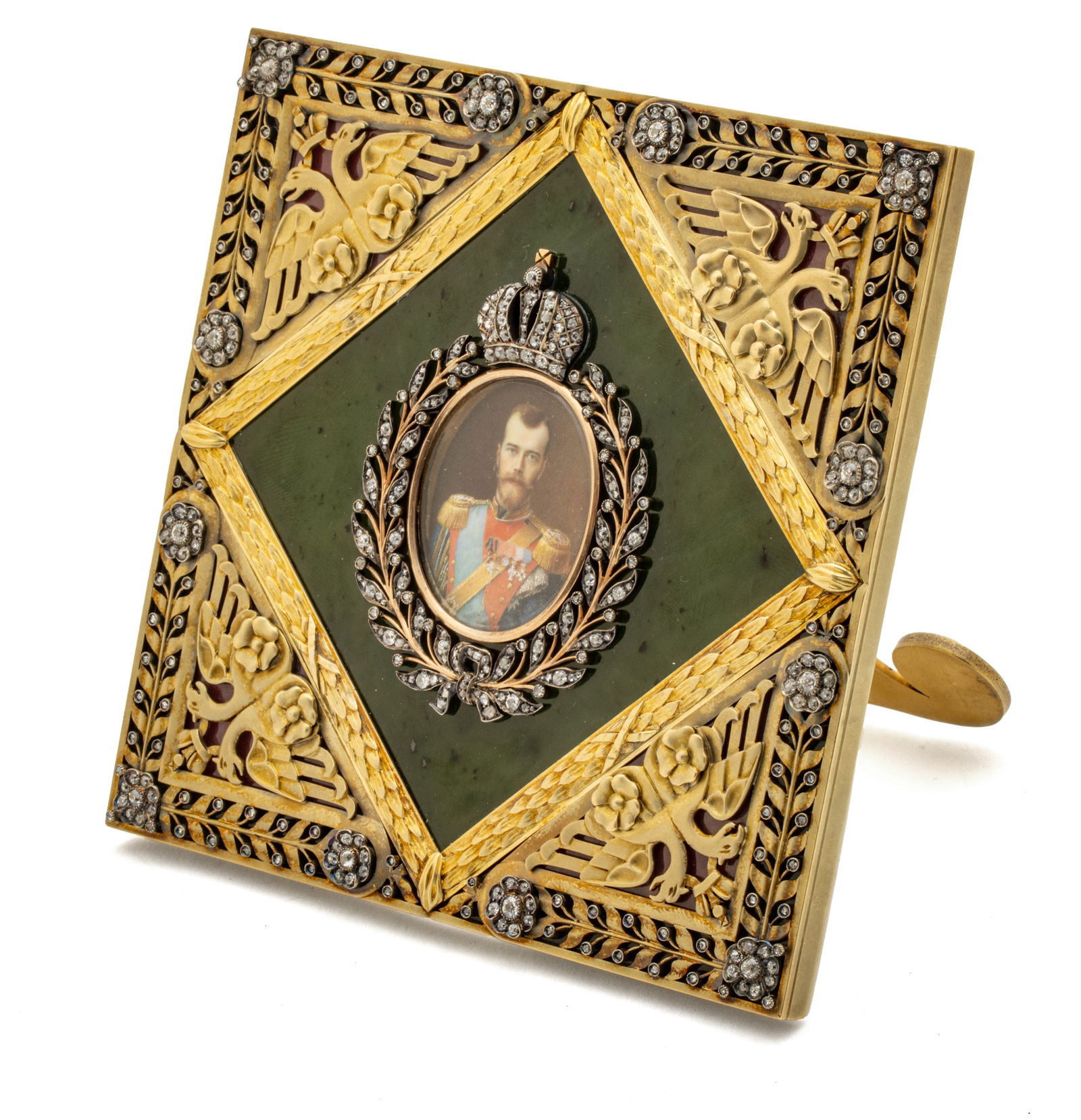 Russian 14kt Gold and Diamond Picture Frame, Portrait of Nicholas II, Ca. 1900, H 4.375" W 4.375" (1 of 6)