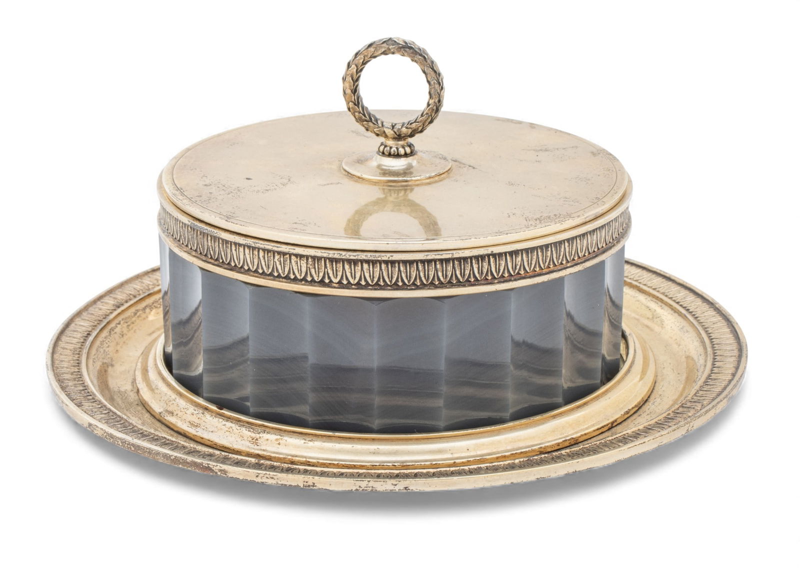 Russian Faberge Silver and Carved Agate Covered Jar with Underplate, Ca. 1908-1926, H 3" Dia. 6.125" (1 of 11)