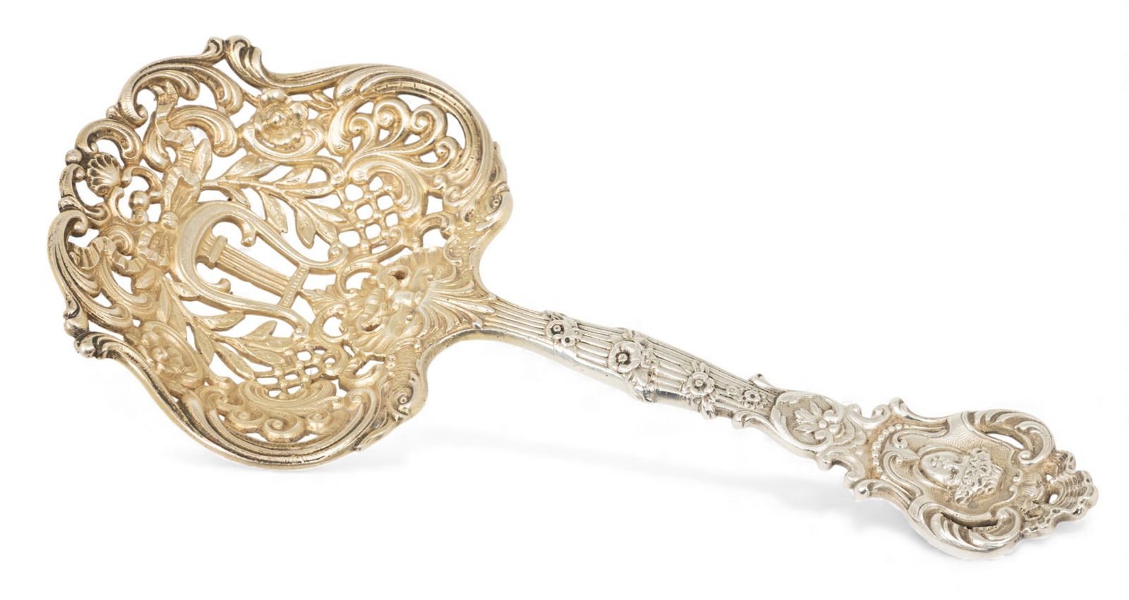 Gorham Sterling Silver Bon Bon Spoon #865, Art Nouveau, Ca. 1890, L 7" 3.5 t oz: Gorham Sterling Silver Bon Bon Spoon #865, Art Nouveau, Ca. 1890, L 7" 3.5 t oz Vermeil (gold plate) bowl with lion mask and harp. Bacchus mask at tip. Rare. Provenance: Property of a Bloomfield Hill