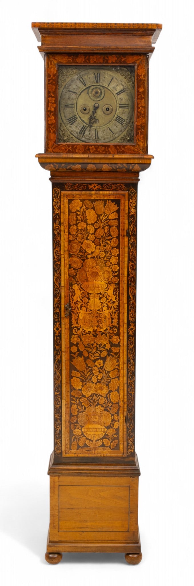 John Wise, (English) Late 17th Century Marquetry Inlaid Tall Case Clock, London H 84" W 19" Depth: John Wise, (English) Late 17th Century Marquetry Inlaid Tall Case Clock, London H 84" W 19" Depth 10" Having floral and leaf inlay on glass paneled upper door, revealing a gilt and silvered dial with
