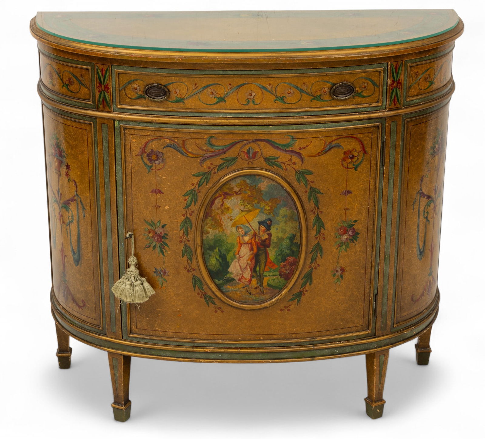 Italian Hand Painted Neoclassical Style Demi Lune Commode 1920-1940, H 35" W 38" Depth 14" (1 of 7)