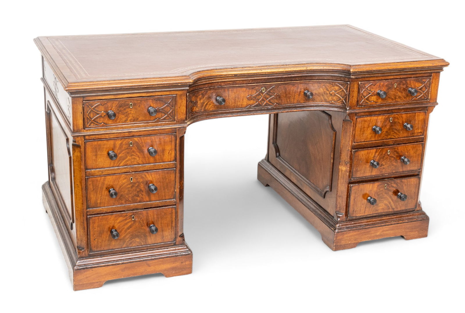 English Chippendale Style Mahogany Double Pedestal Desk, Mid 19th C., H 31'' W 60'' Depth 32.5'' (1 of 8)