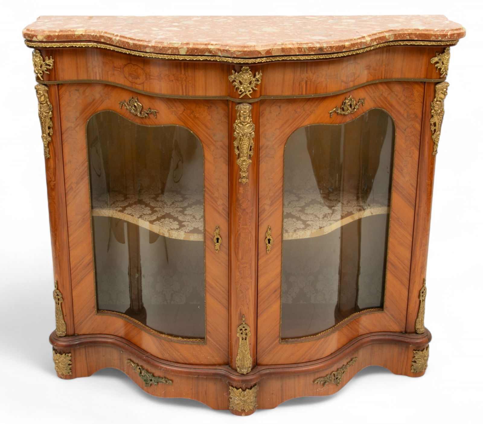 French Fruitwood with Marble Top Bowfront Credenza 1950, H 43" L 48" Depth 19" (1 of 7)