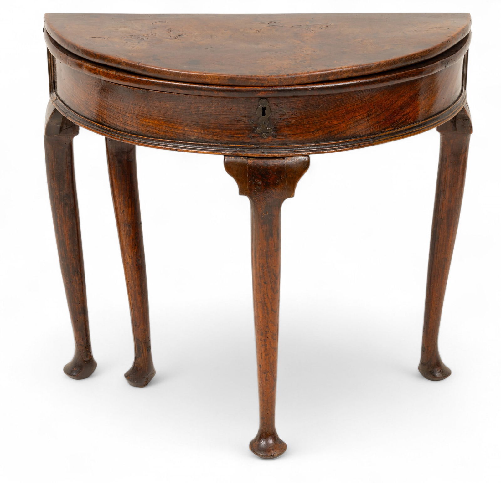 English George II Period Burled Rosewood and Walnut Flip Top Games Table 1740-1760, H 26" W 29.5": English George II Period Burled Rosewood and Walnut Flip Top Games Table 1740-1760, H 26" W 29.5" Depth 14.5" Dia. 29" Solid burl walnut base on four cabriole legs with pad feet and apron brackets. Fr