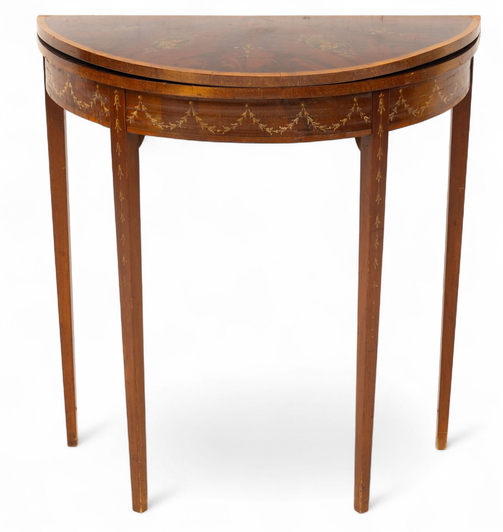 English George III Style Flame Mahogany Demi Lune Flip Top Card Table 1880-1900, H 29.5" W 27.5" (1 of 6)