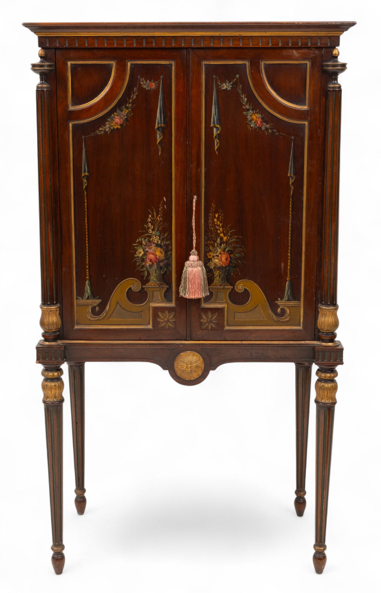 Louis XVI Style Hand Painted Mahogany Music Cabinet 1920-1940, H 67" W 38" L 20" (1 of 6)