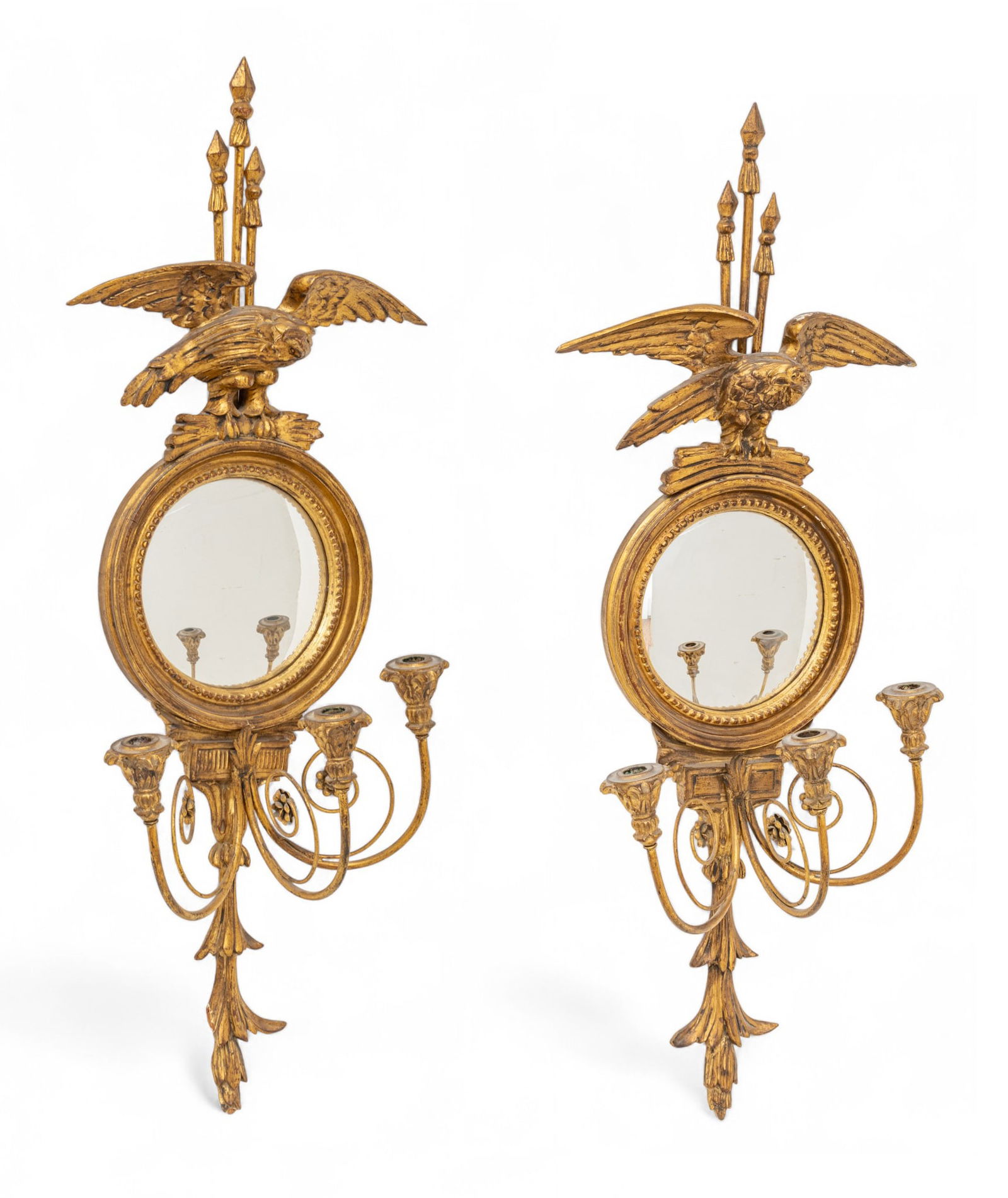 Italian, Federal Style Giltwood Girandole MIrrors, Ca. 1950, H 37" W 13.5" Depth 8" 2 PCS (1 of 8)