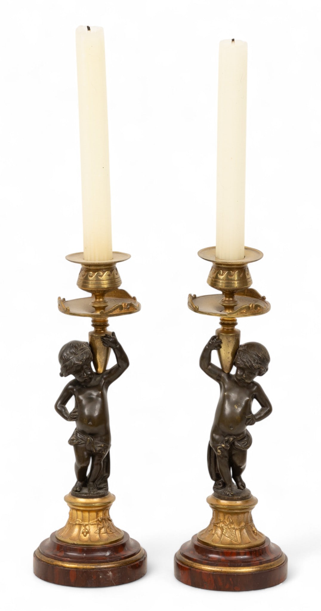 French Bronze on Marble Cherub Candlesticks 19th.c., H 10.2" 1 PAIR (1 of 4)