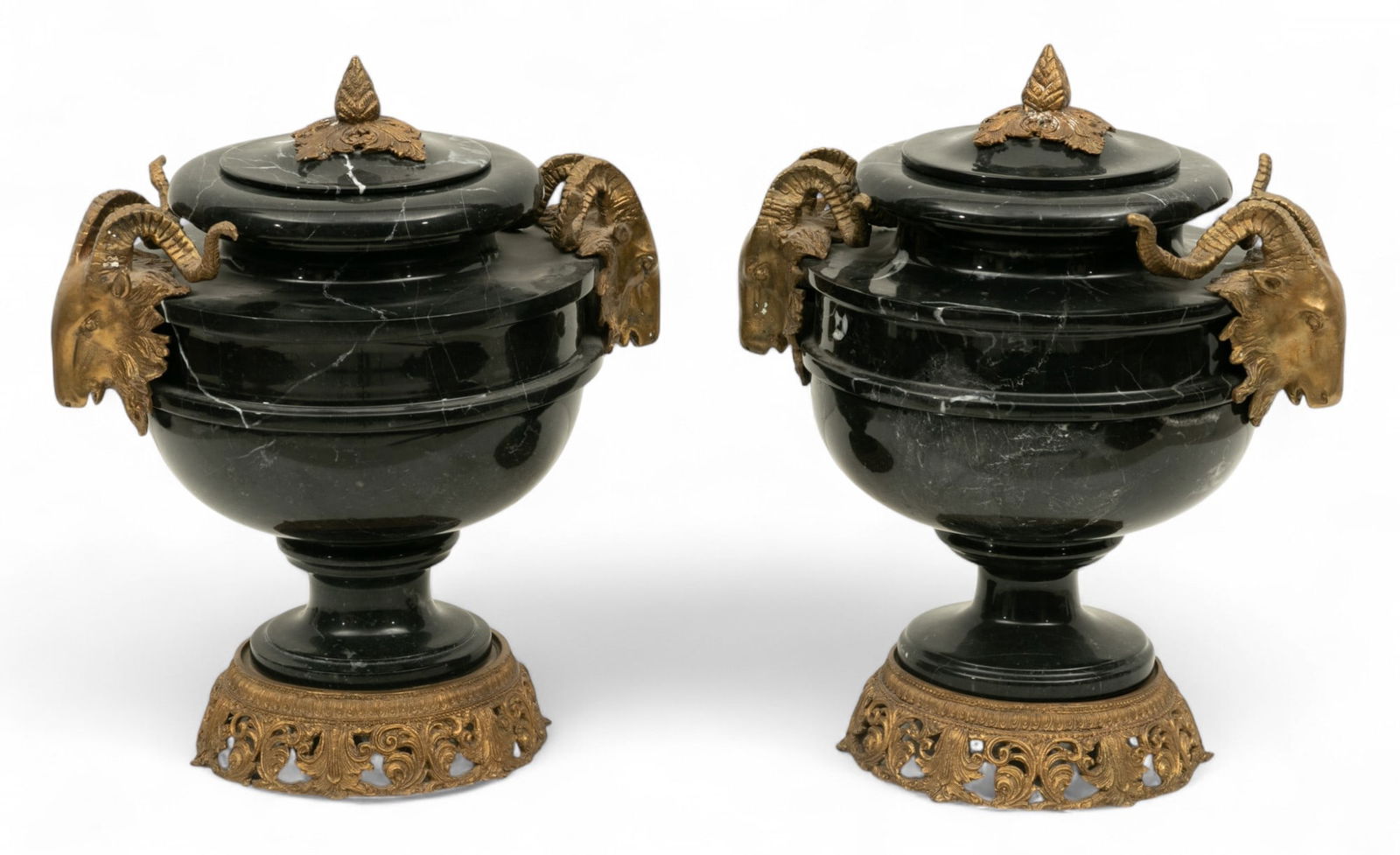 French Empire Style Marble and D'Ore Bronze Garnitures 20th C., H 14" Dia. 12" 1 PAIR (1 of 5)