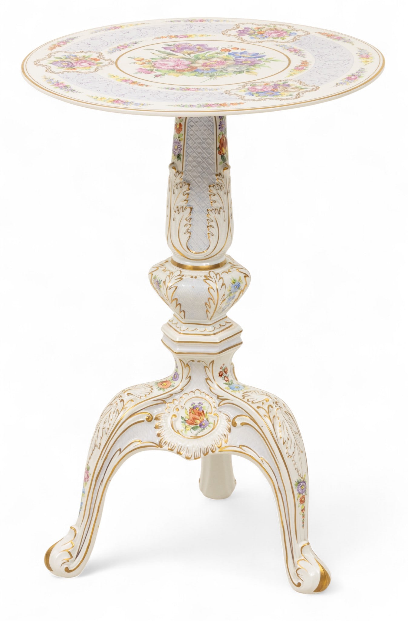 Porcelain Manufactory Plaue (German) Hand Painted Porcelain Tea Table, Ca. 1980, H 27" Dia. 18.25": Porcelain Manufactory Plaue (German) Hand Painted Porcelain Tea Table, Ca. 1980, H 27" Dia. 18.25" Blue Porcelain Manufactory Plaque mark at the underside. Tripod legs with scrolling leaf feet. T