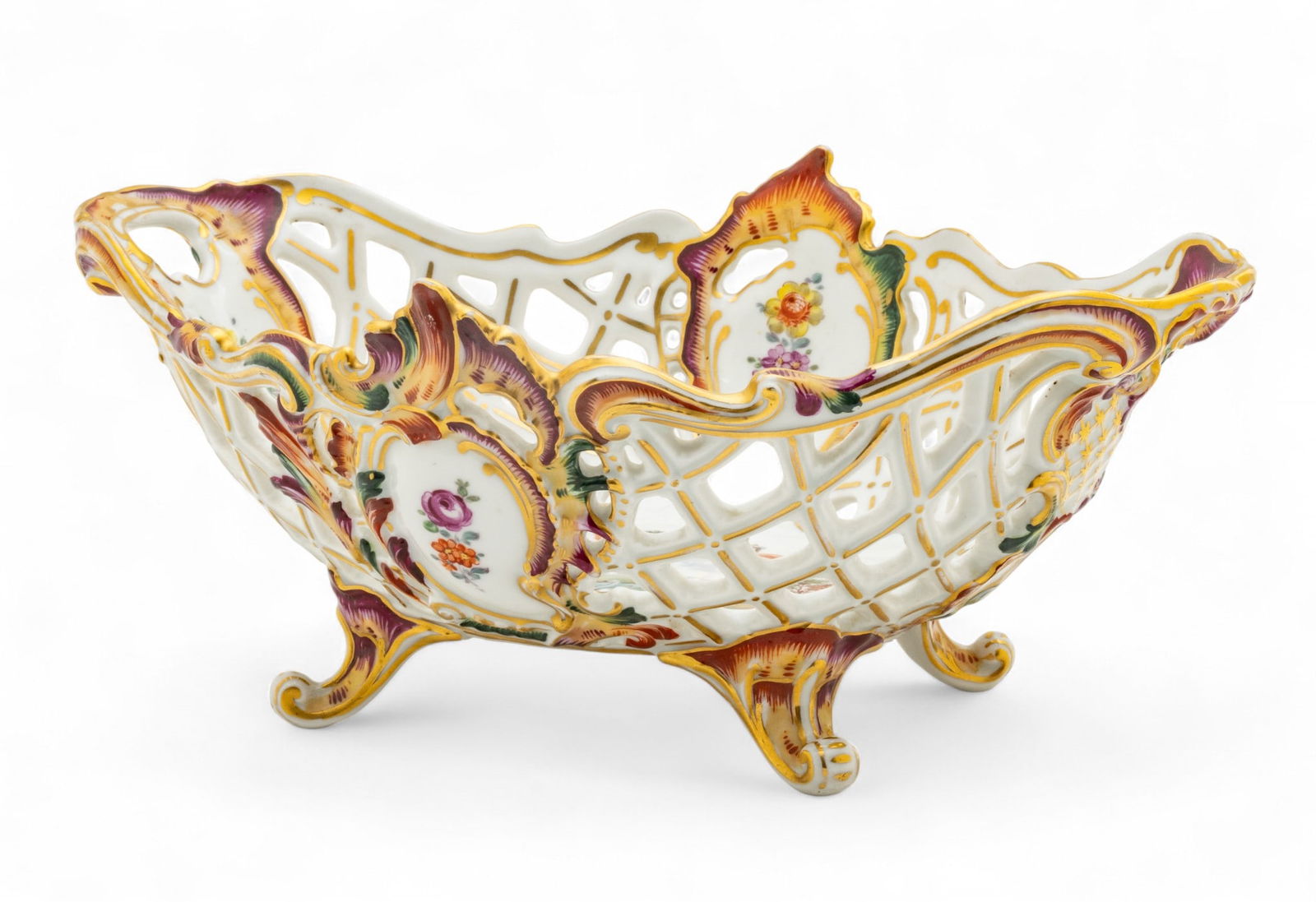 Germany CapodiMonte Porcelain Centerpiece with Openwork 1920, H 5" W 9" L 12.5": Germany CapodiMonte Porcelain Centerpiece with Openwork 1920, H 5" W 9" L 12.5" Having four scroll feet. Bearing a Capodimonte mark with "Germany" to the underside. Hand painted. Dimensions: H 5" W 9"