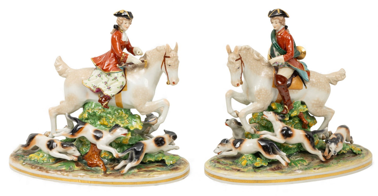 Capo De Monte, (Germany) Porcelain Equestrian Figures on Horseback with Hounds 1950, H 12" L 13" (1 of 7)