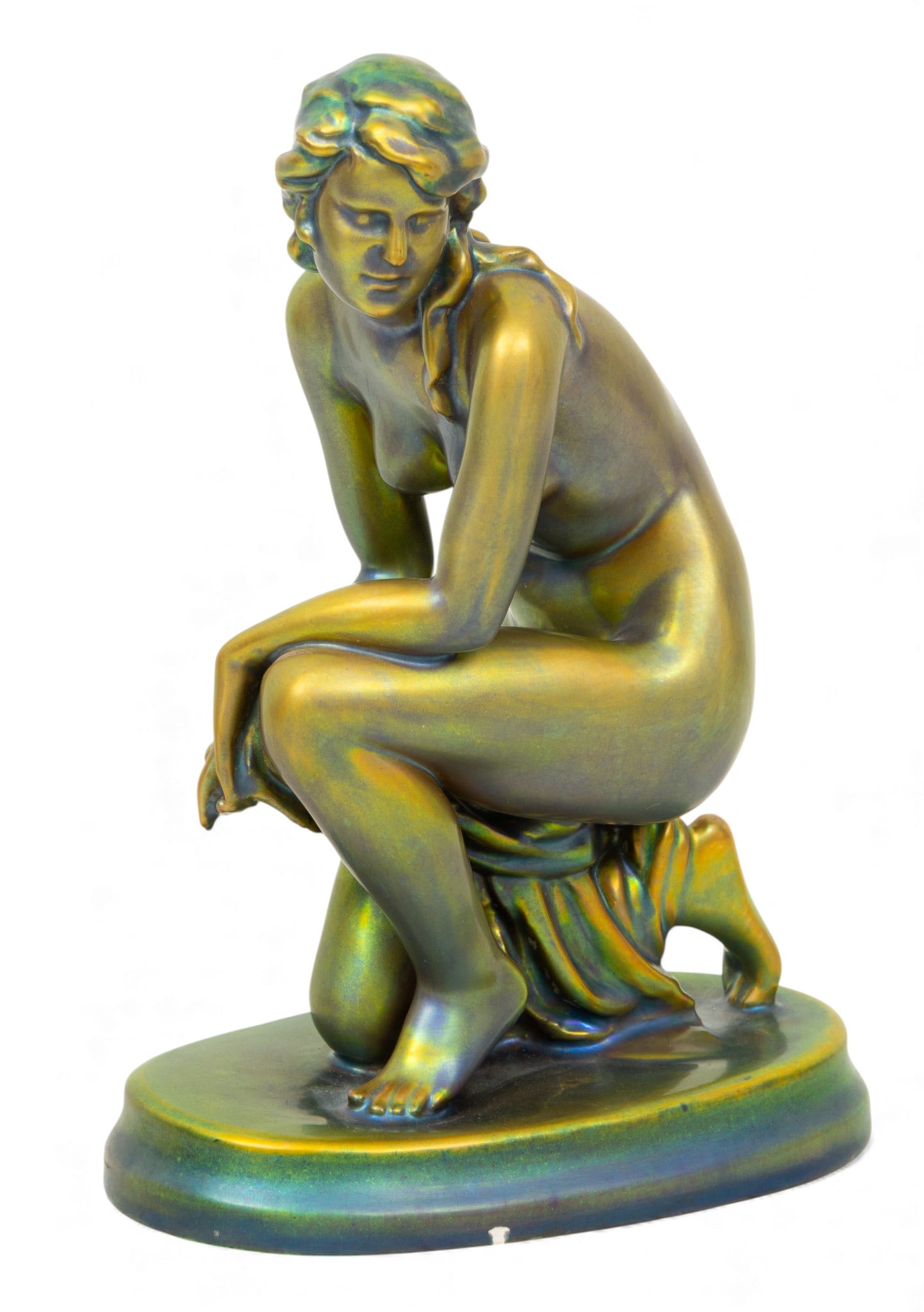 Zsolnay (Hungarian) Eosin Porcelain Figure H 9" W 3.75" L 6.5" (1 of 6)