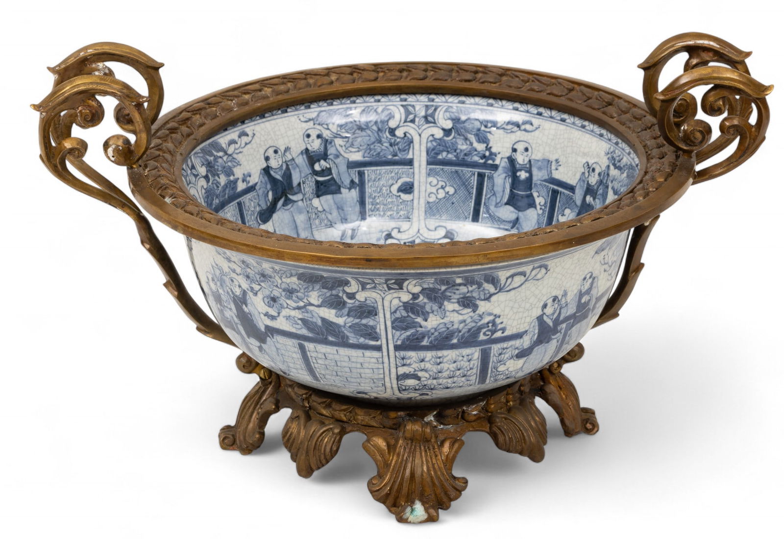 Chinese Porcelain and Bronze Centerpiece H 11" W 15" L 19": Chinese Porcelain and Bronze Centerpiece H 11" W 15" L 19" Modern blue and white porcelain. Having double handles. Dimensions: H 11" W 15" L 19"