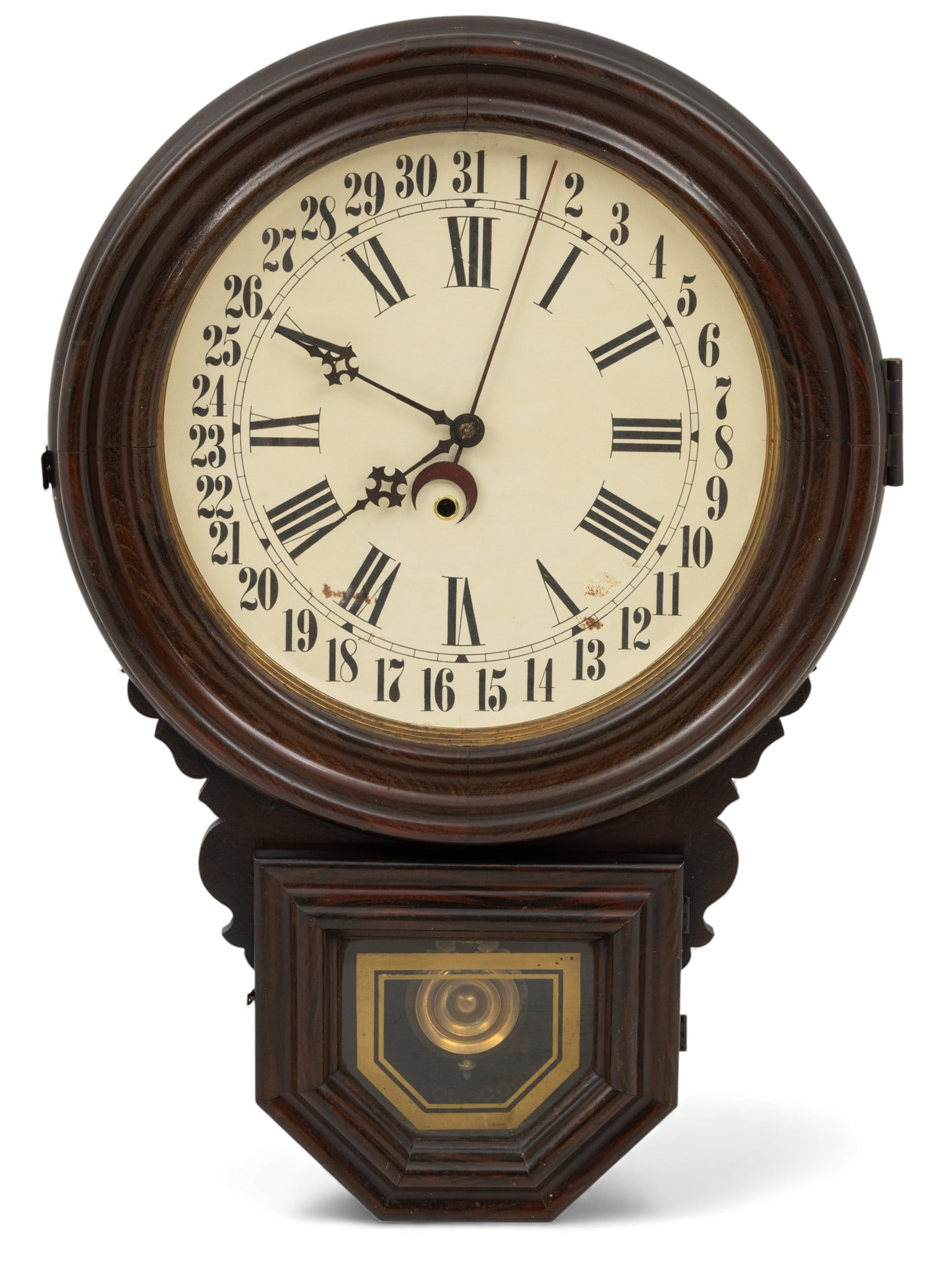 Ingraham (Bristol, Conn.) Calendar Wall Clock, Walnut 1900, H 24" W 16": Ingraham (Bristol, Conn.) Calendar Wall Clock, Walnut 1900, H 24" W 16" Wall style. Brass pendulum with leaf adornment. Gold stencil on glass door. With key. Case and works in good condition. Pr