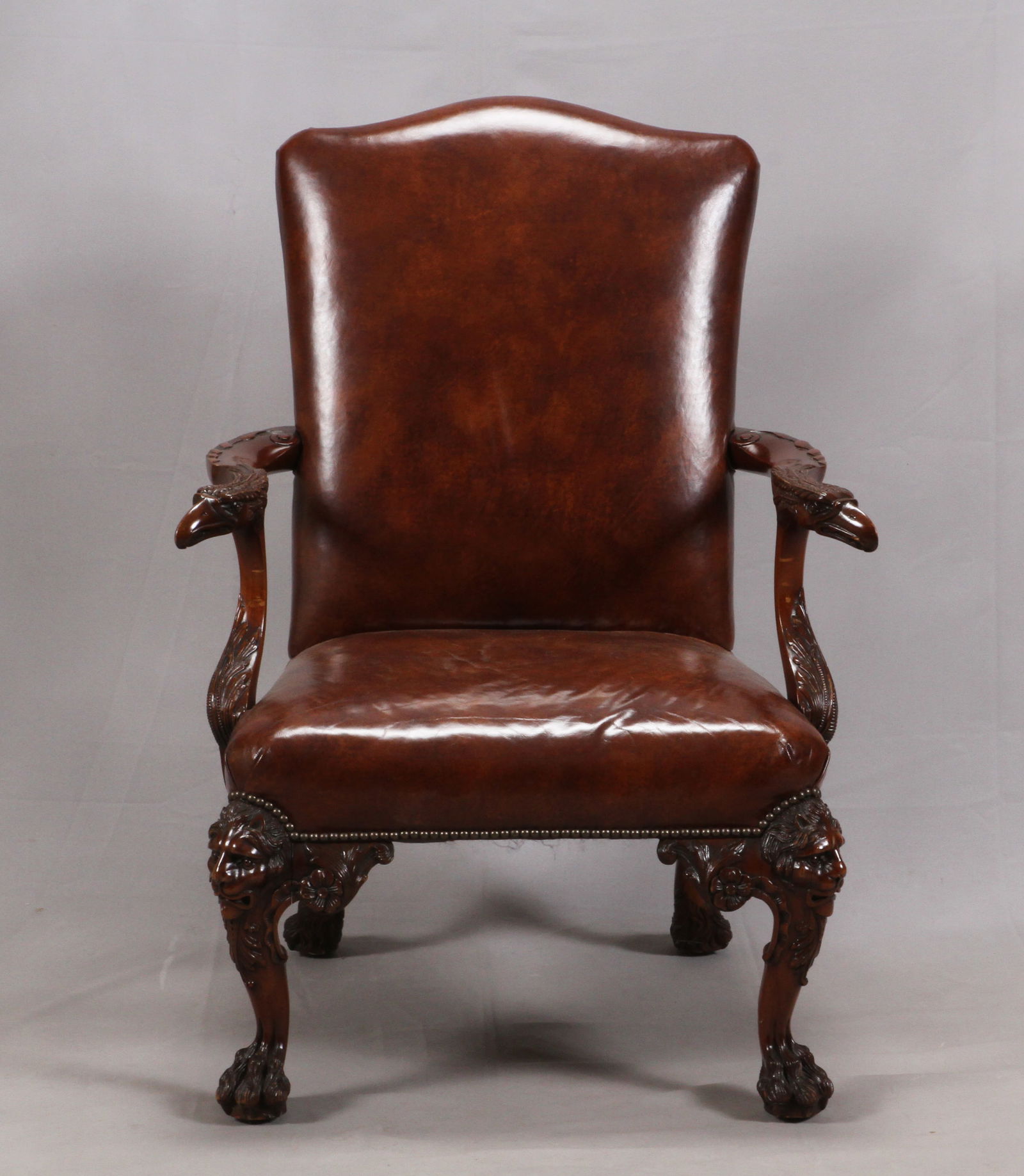 Chippendale Style Maogany and Leather Arm Chair Late 20th C., H 44'' W 33'' Depth 34'' (1 of 5)