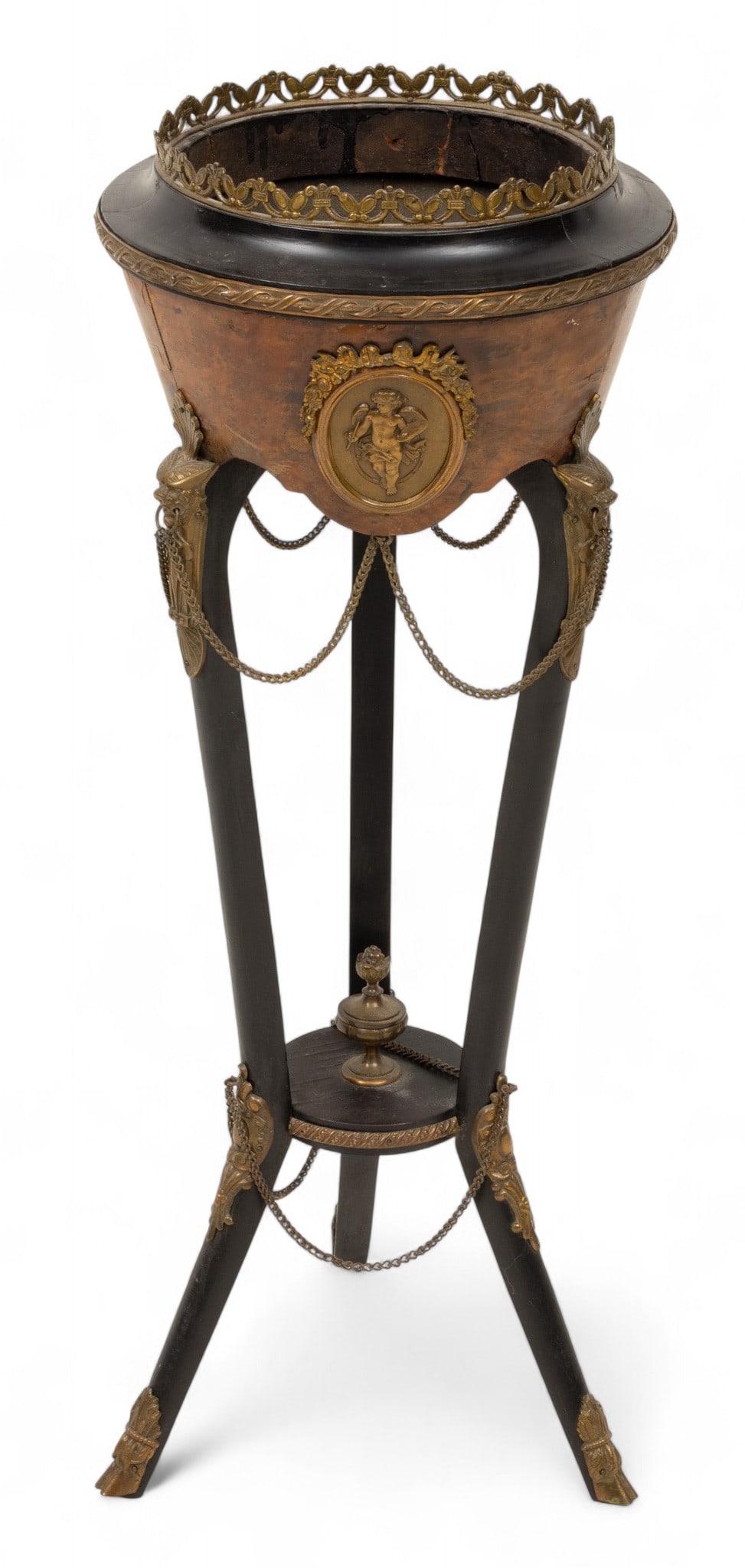 French Napoleon III Burl Walnut, Ebonized Wood, and Bronze Jardiniere 1840-1870, H 31" Dia. 12" (1 of 4)