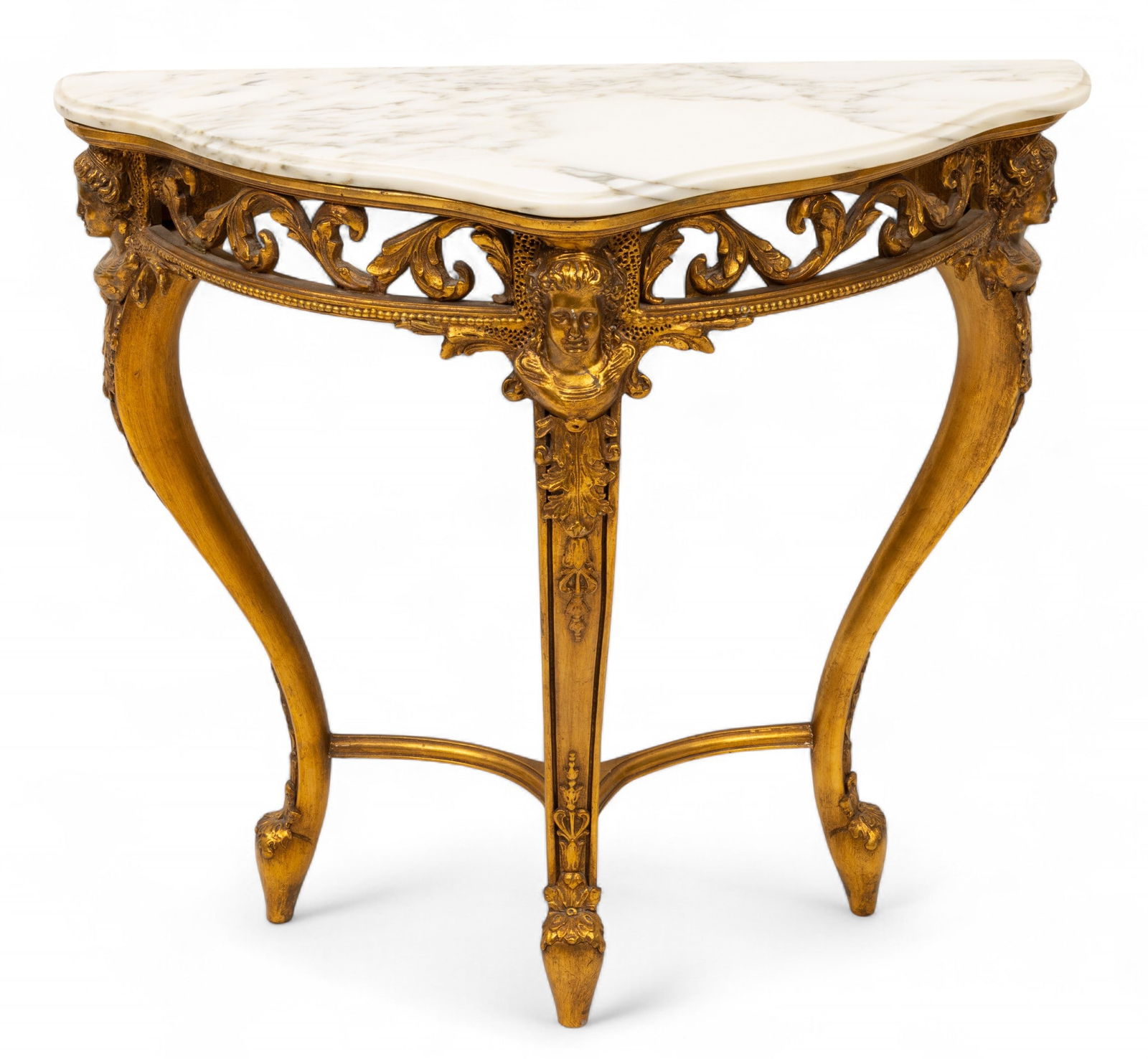French Louis XVI Style Giltwood Marble Top Demi-lune Console Table, 20th C., H 32" W 34.5" Depth (1 of 6)