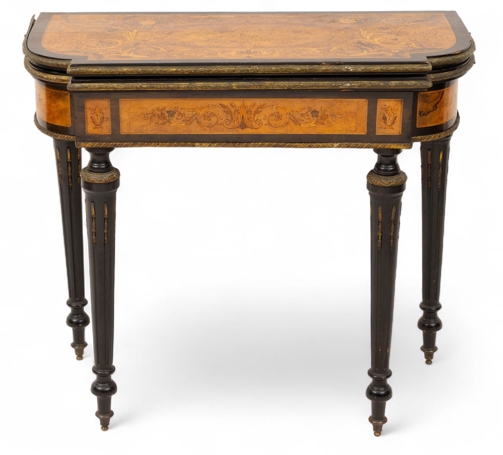 English Regency Style Ebonized Wood and Marquetry Inlaid Swivel Top Games Table, Ca. Early to Mid: English Regency Style Ebonized Wood and Marquetry Inlaid Swivel Top Games Table, Ca. Early to Mid 20th C., H 31" W 34" Depth 16.75" Top having burlwood veneer with marquetry inlay of scrolling foliate