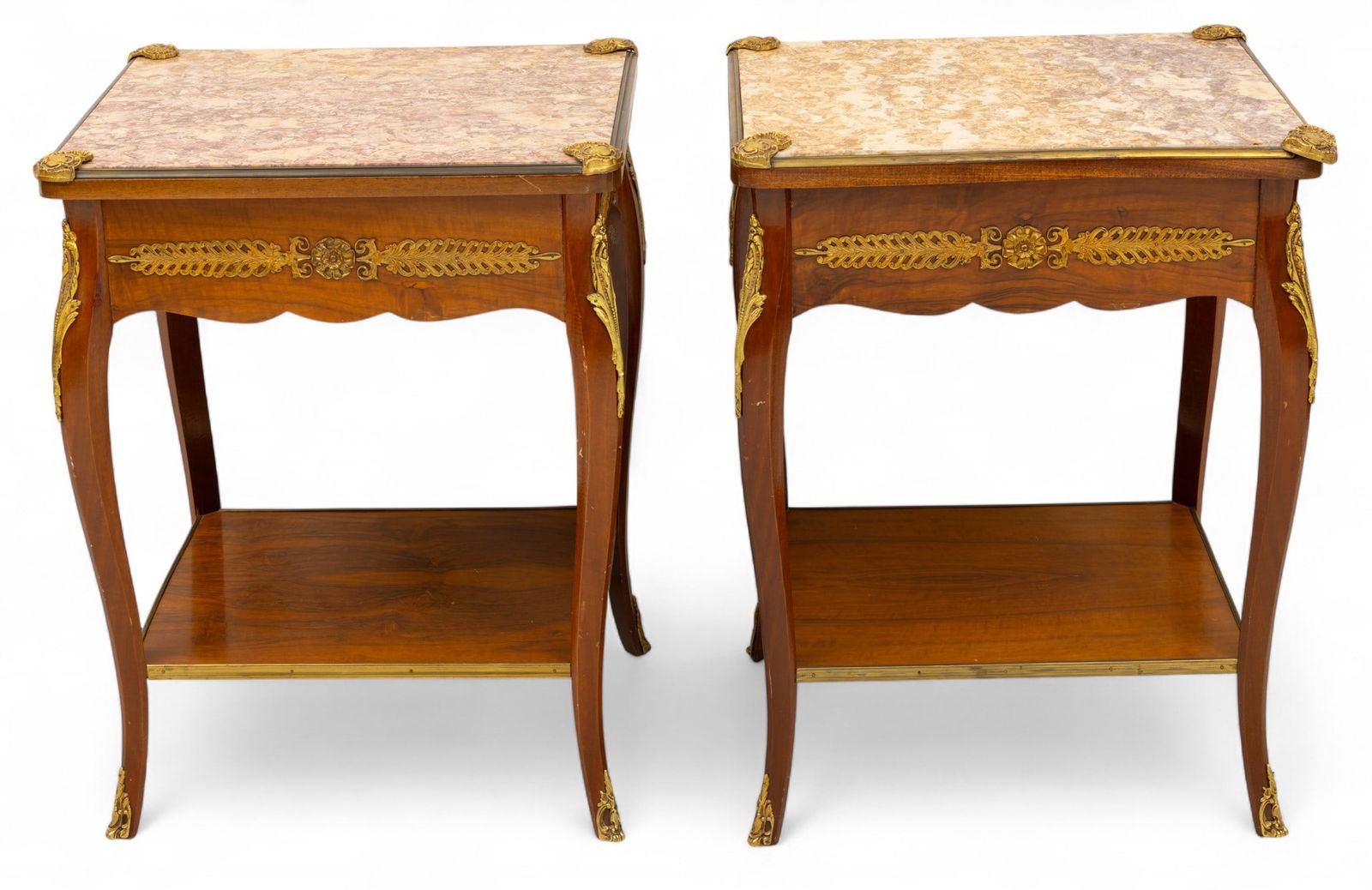 French Louis XV Style Kingwood and Marble Top Side Tables 1050-1970, H 30" W 20" Depth 23" 1 PAIR (1 of 4)