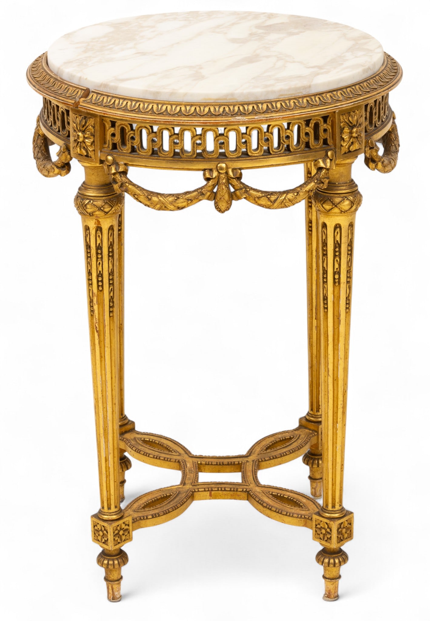French Louis XVI Style Giltwood and Marble Top Gueridon, Ca. Mid 20th C., H 32" Dia. 16" (1 of 3)