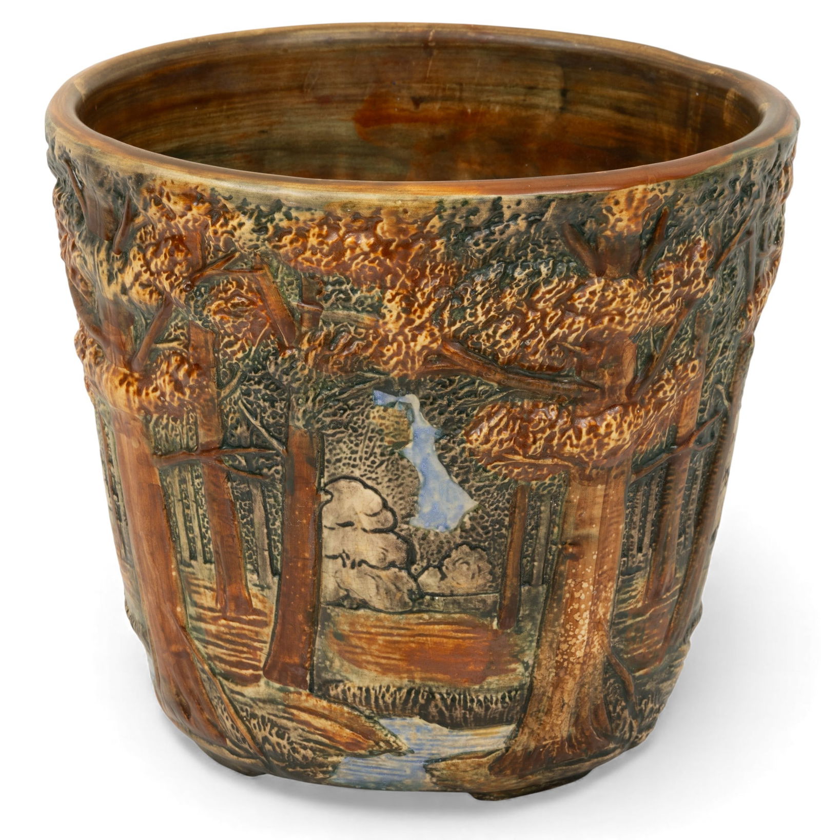 Weller Pottery (American) 'Forest' Pattern Art Pottery Jardiniere, Ca. 1915-1928, H 11" Dia. 12" (1 of 6)