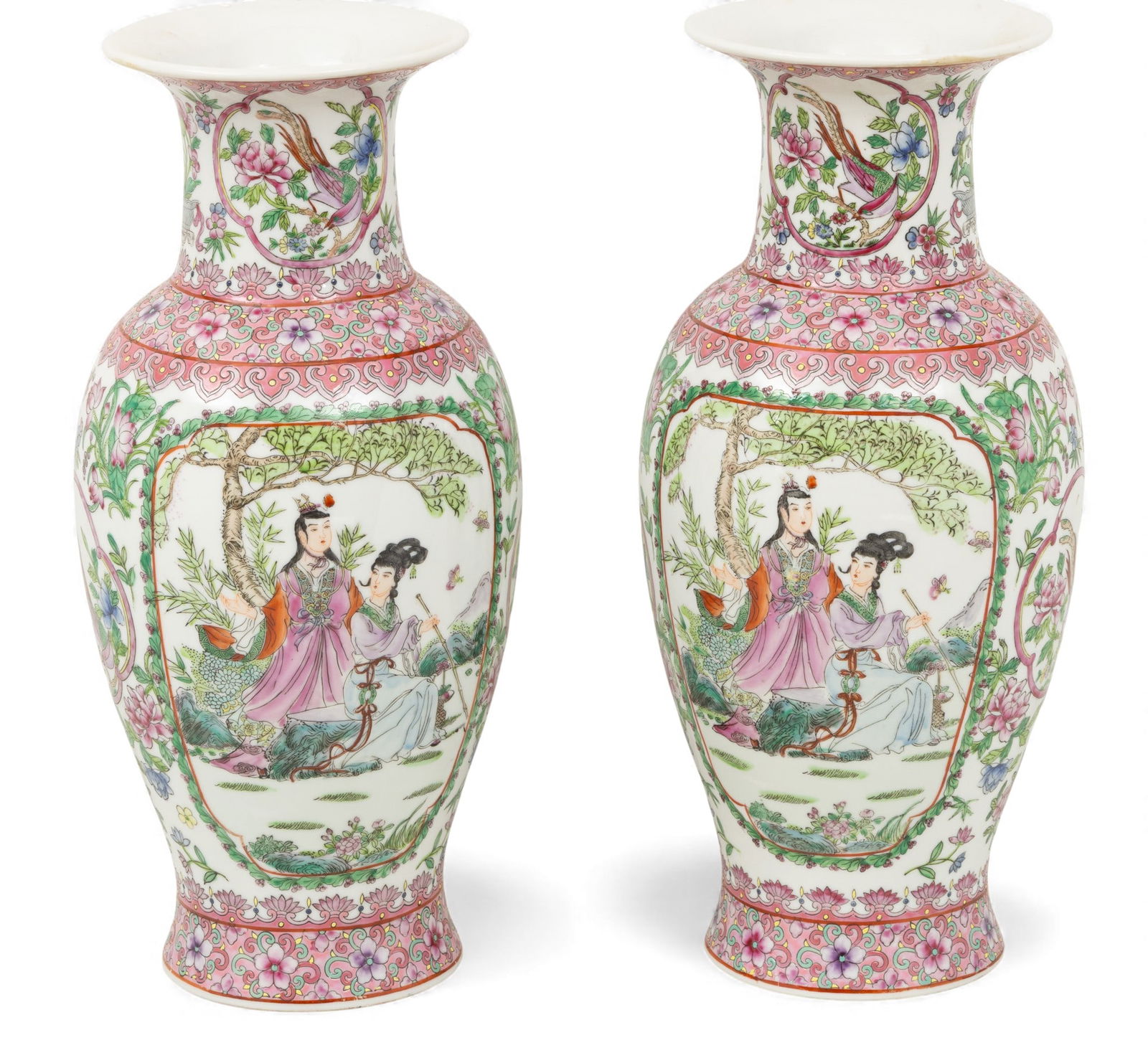 Chinese Porcelain Baluster Style Urns 2000, H 16" Dia. 8": Chinese Porcelain Baluster Style Urns 2000, H 16" Dia. 8" Made in Macau. Hand painted scenes with figures. Predominant colors of pink and green. Provenance: Property of a Grosse Pointe Park, MI