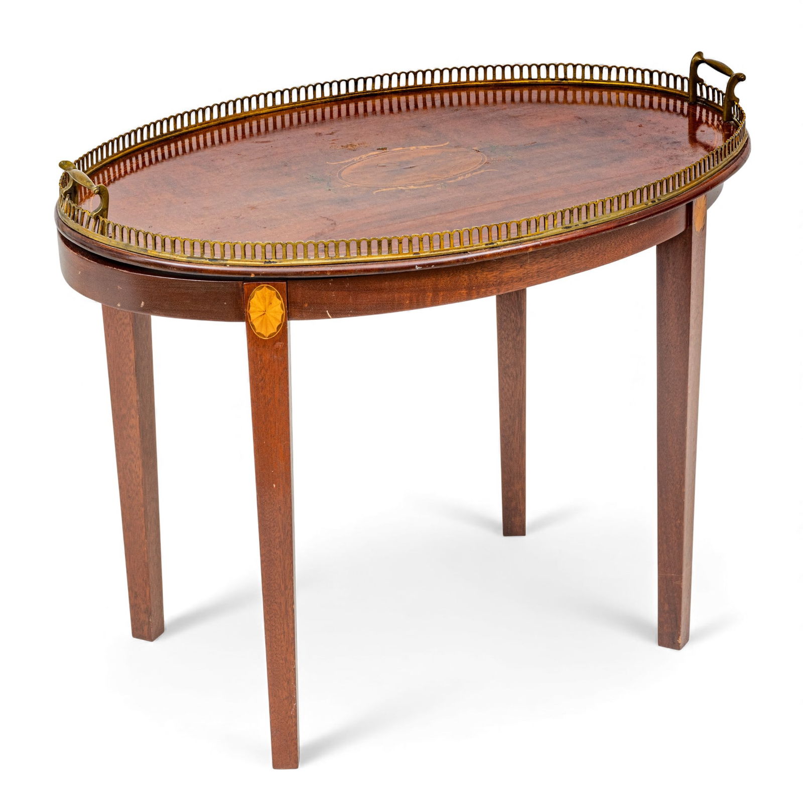 Inlaid Mahogany Tray-Top Table, Mid 20th C., H 19.5" W 17.5" L 27" (1 of 6)