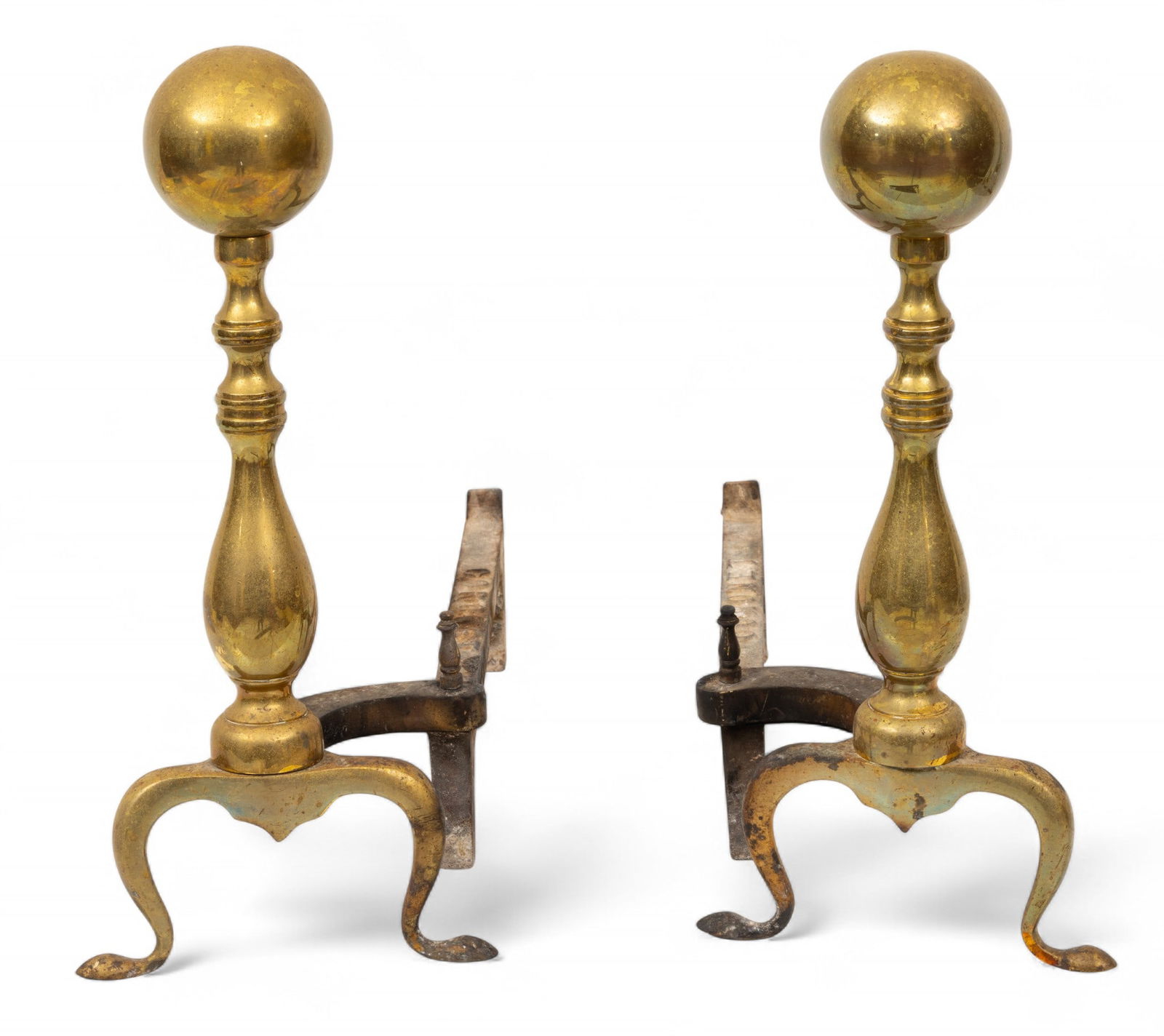 Brass Cannon Ball Andirons 1930, H 17" W 7.75" Depth 17" (1 of 4)