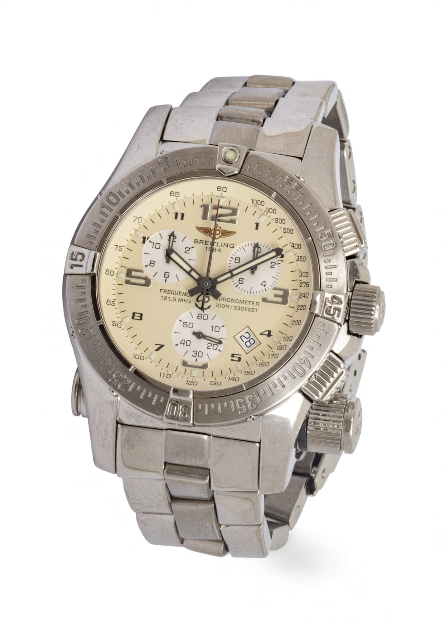 Breitling Emergency Mission Wrist Watch: Breitling Emergency Mission Wrist Watch In original black hinged case. 121.5. "The Emergency is the world's first wristwatch equipped with an authentic dual-frequency distress beac