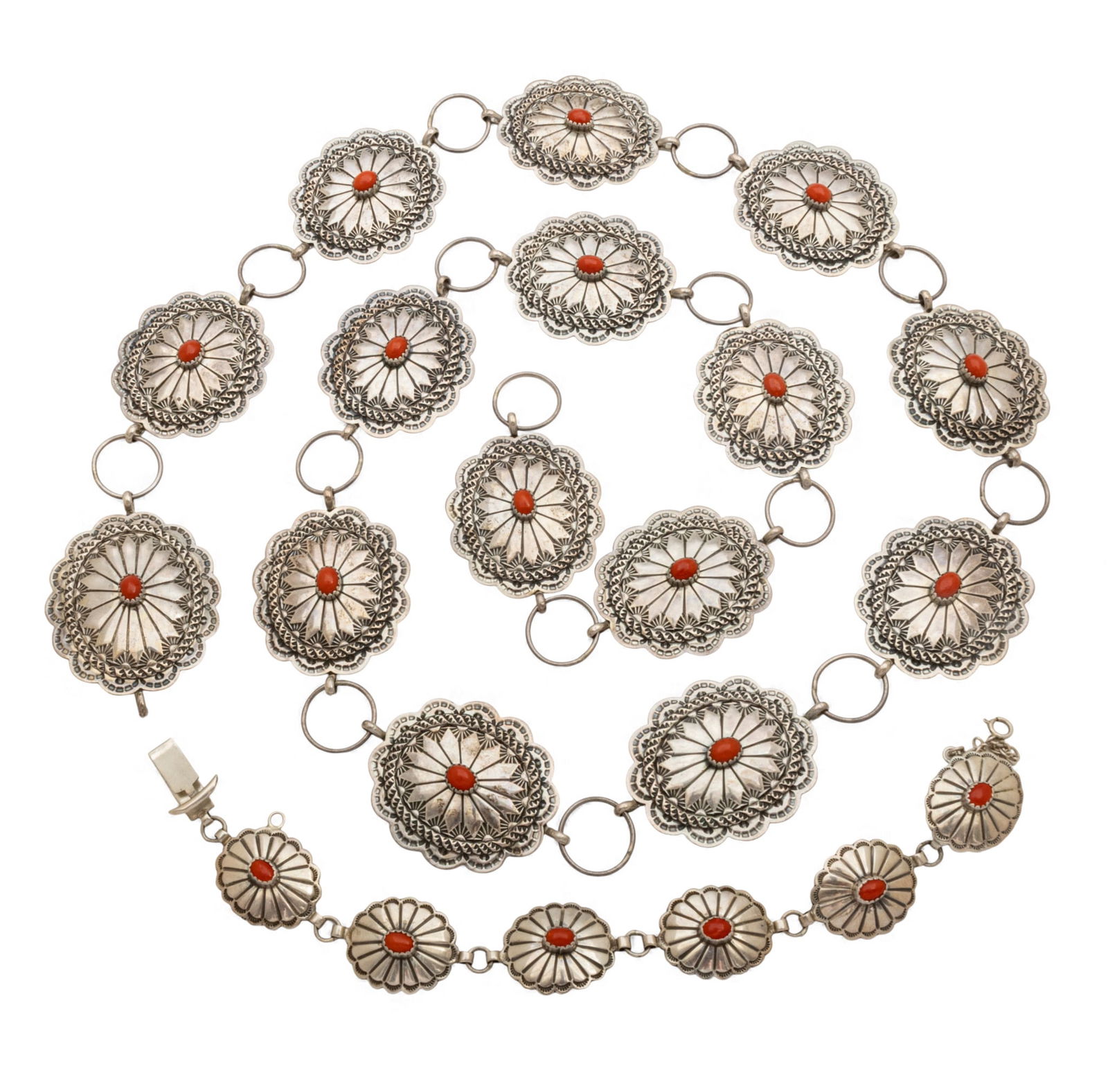 Ella Linkin (Gallup, NM, B. 1954) Sterling Silver with Coral Beads Belt, + Matching Bracelet 1950, L: Ella Linkin (Gallup, NM, B. 1954) Sterling Silver with Coral Beads Belt, + Matching Bracelet 1950, L 37" 165 g 2 PCS Belt has 15 oval links all with a coral bead centered, weighing 146 grams. Also a m