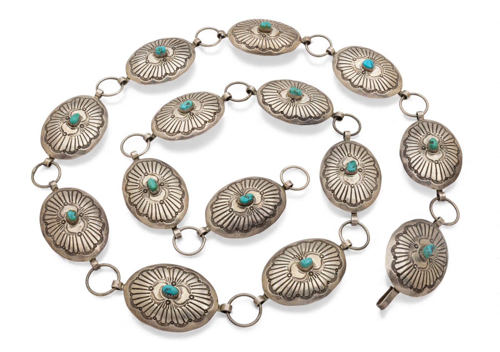Navajo Sterling Silver Belt with Turquoise, Stamped "Yellowhorse" L 36" 173 g: Navajo Sterling Silver Belt with Turquoise, Stamped "Yellowhorse" L 36" 173 g 14 oval links with turquoise at center of each link, 173 grams. Stamped sterling and S.L. w/ Yellowhorse. Dimensions: L 36