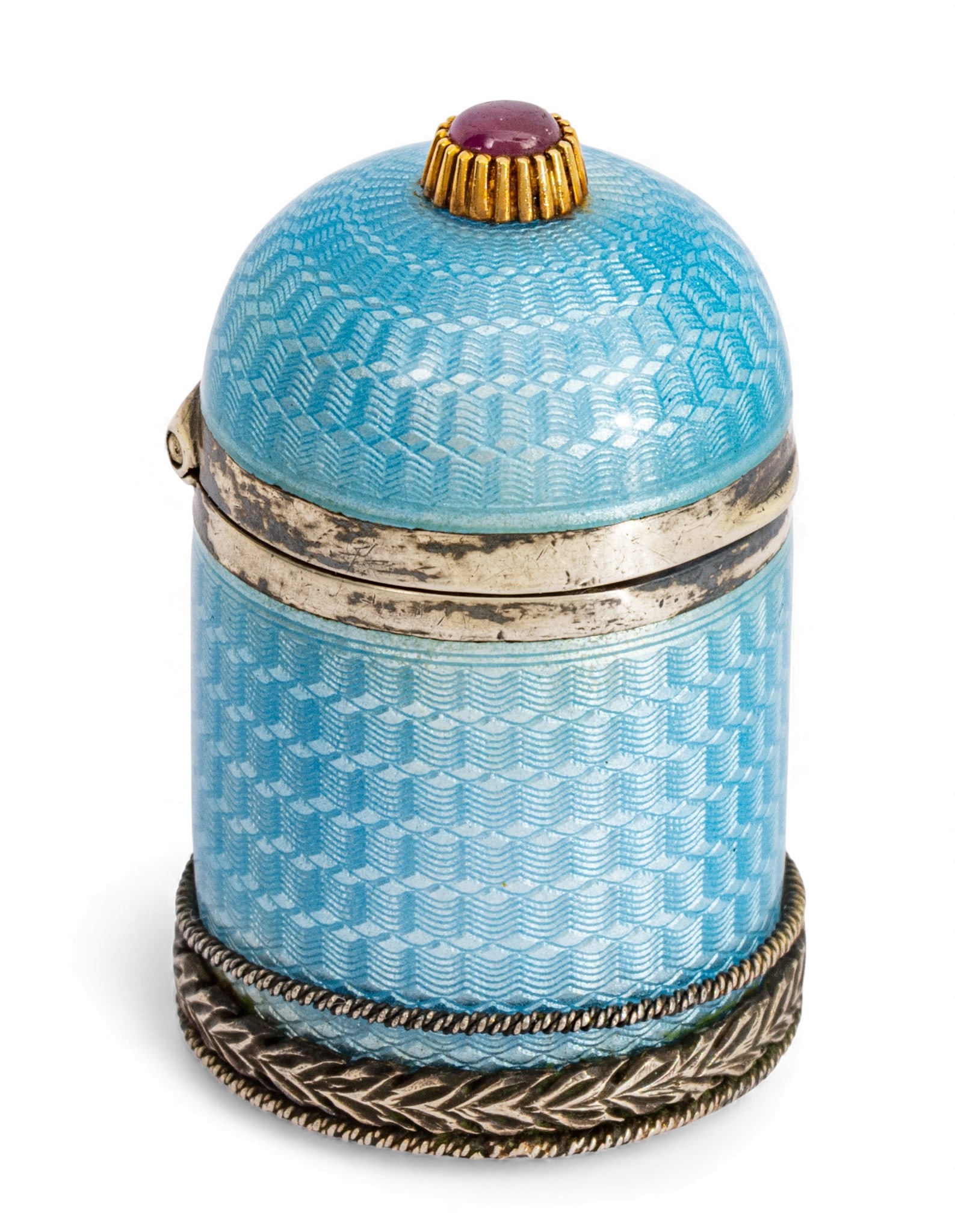 Russian (St Petersburg) 88 Silver and Guilloche Enamel Small Box, Ruby Mounted H 1.3" 0.77 t oz 1 PC (1 of 11)