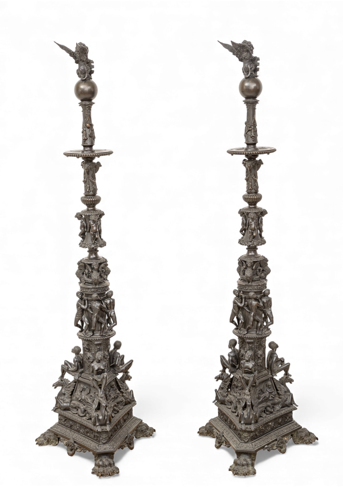 Attributed to Michelangelo Guggenheim (Venetian, 1837-1910) After a Design by Giuseppe Michieli: Attributed to Michelangelo Guggenheim (Venetian, 1837-1910) After a Design by Giuseppe Michieli Venetian Bronze Floor Standing Torcheres Late 19th/Early 20th Century, H 60" W 19" Depth 19" 1 PAIR Stam