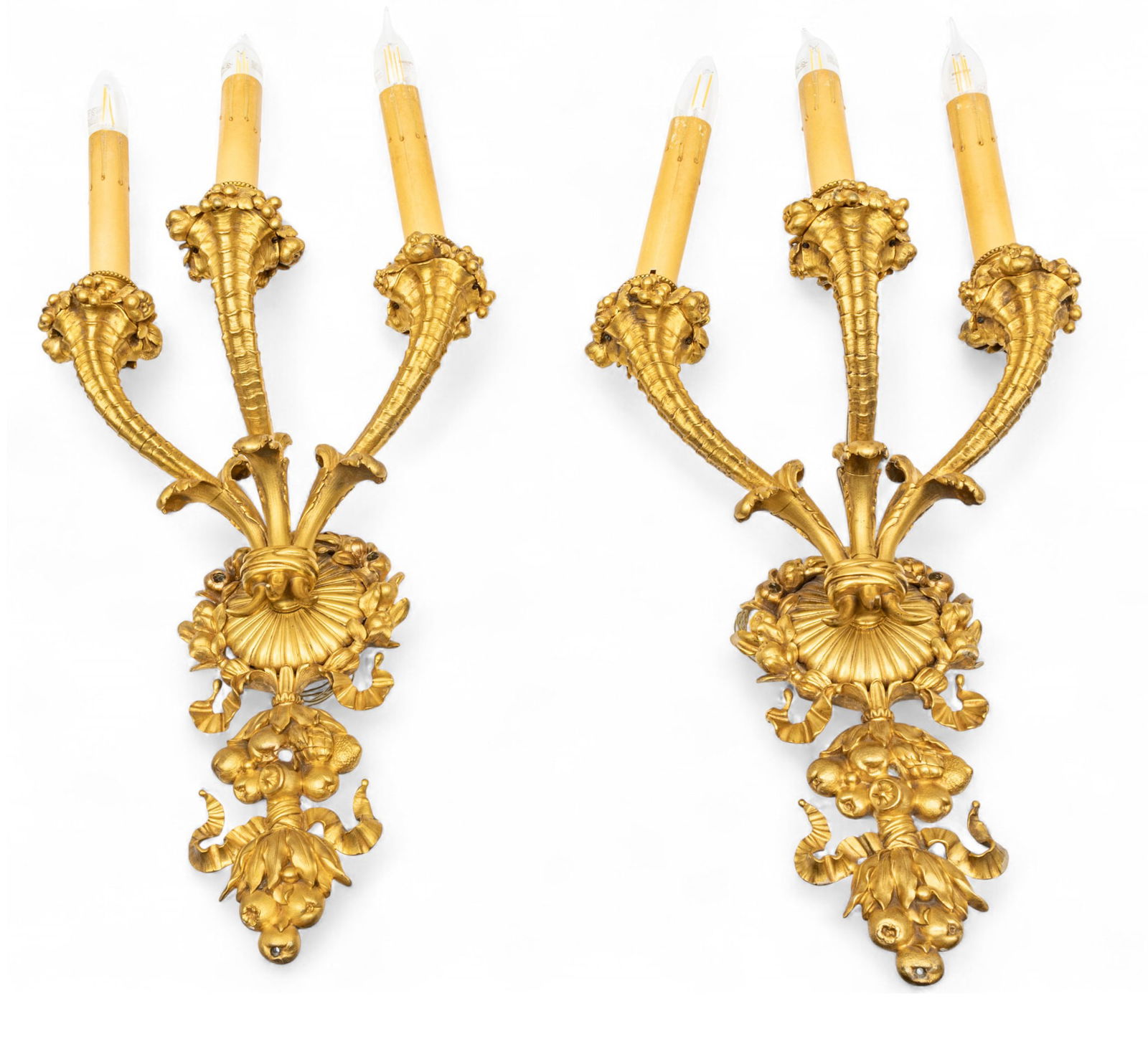 French Louis XVI Style Dore Bronze Three Light Sconces, 19th C., H 20" W 14" Depth 10.5" 2 PCS (1 of 5)