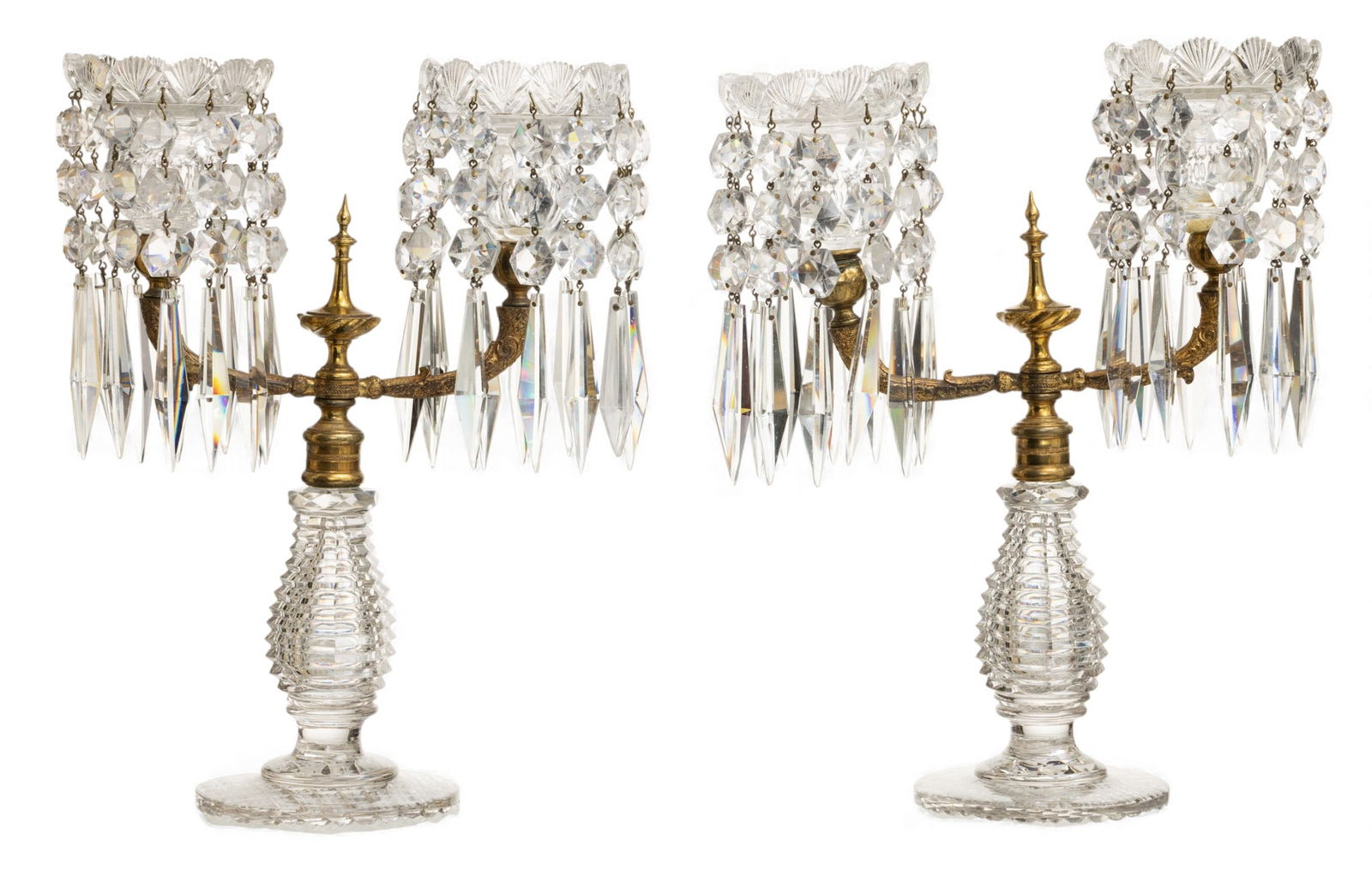 French Hand Cut Crystal Two Light Candelabras, Russian Cut, Ca. 1840, H 12.5" W 9" (1 of 5)