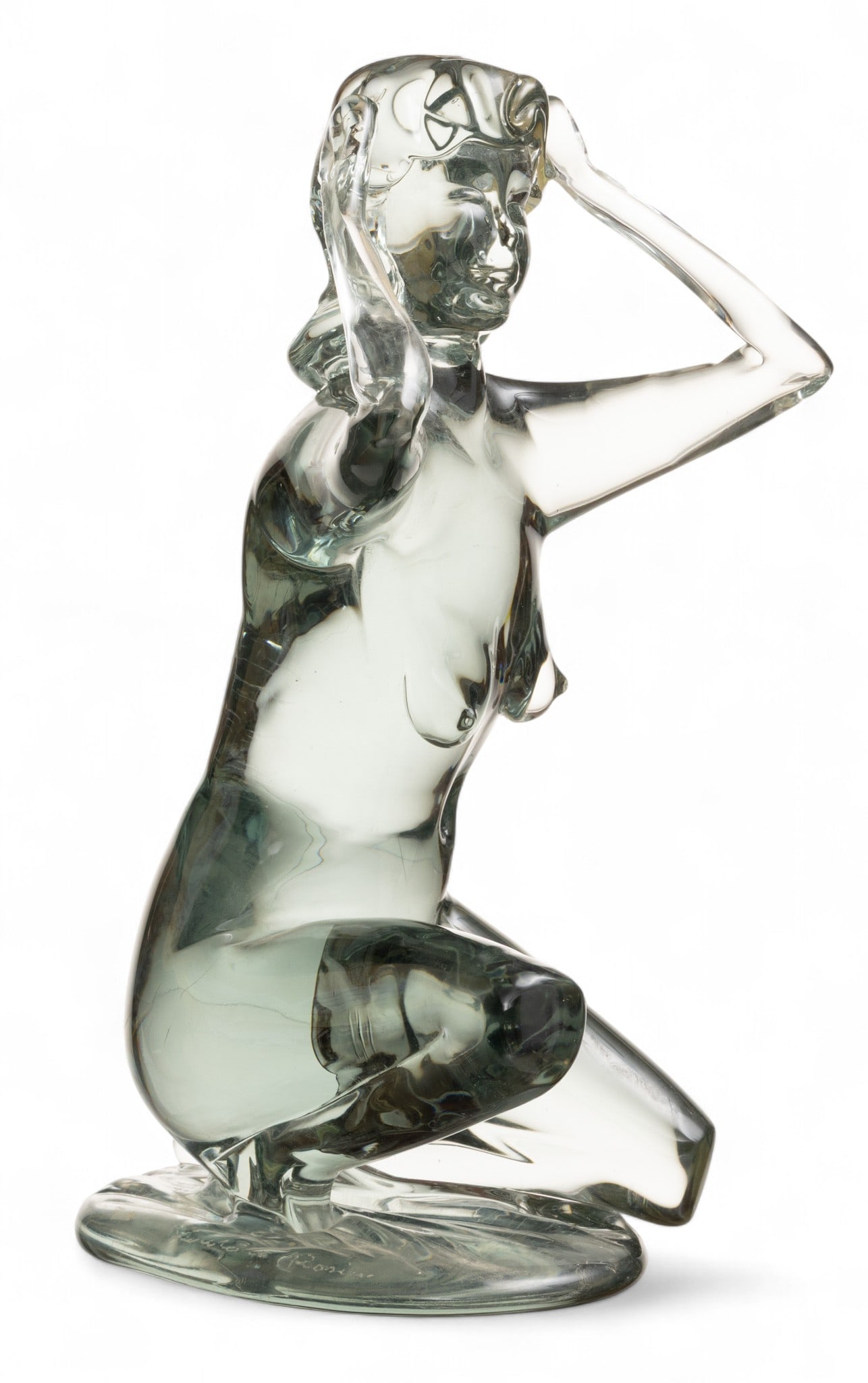 Loredano Rosin (Italian, 1936-1992) Art Glass Nude Female Sculpture H 16" W 10" Depth 8.5": Loredano Rosin (Italian, 1936-1992) Art Glass Nude Female Sculpture H 16" W 10" Depth 8.5" Crouching nude female figure, signed lower left. Comes with a lighted base. Dimensions: H 16" W 10" Depth 8.5