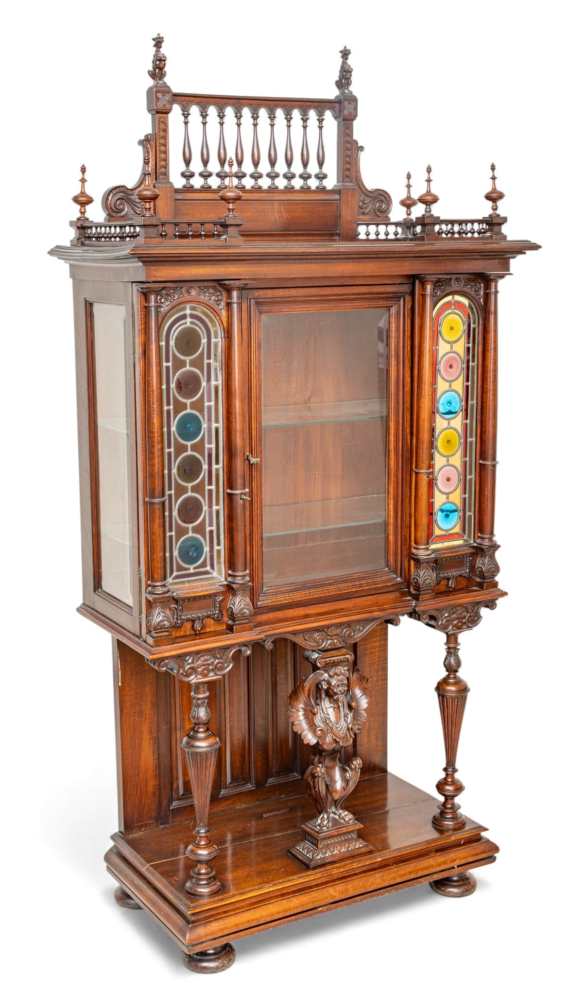 Carved Walnut and Leaded Glass Hall Cabinet 1870, H 79" W 39" Depth 18" (1 of 14)