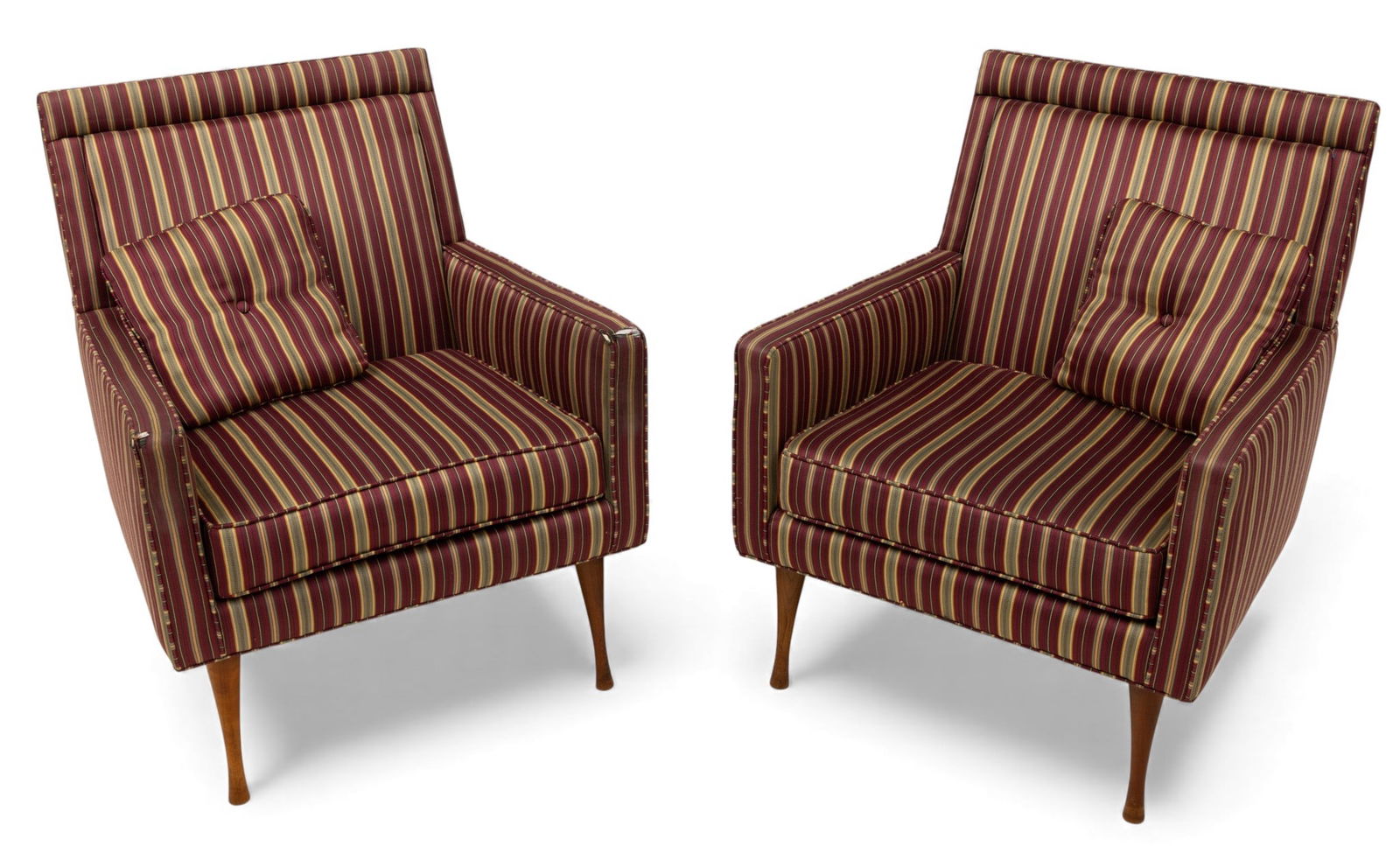 Paul Mccobb (American, 1917-1969) for Widdicomb Symmetric Group Pair of Lounge Chairs H 33" W 27": Paul Mccobb (American, 1917-1969) for Widdicomb Symmetric Group Pair of Lounge Chairs H 33" W 27" Depth 30" 2 PCS Custom striped upholstery by Gene Kraft & Sons, Dearborn Heights, MI. Dimensions: