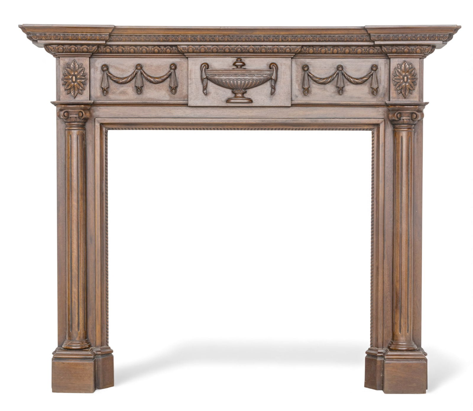 Maitland Smith Carved Mahogany Georgian Style Fireplace Surround, H 53" W 63.5" Depth 7.5" (1 of 6)