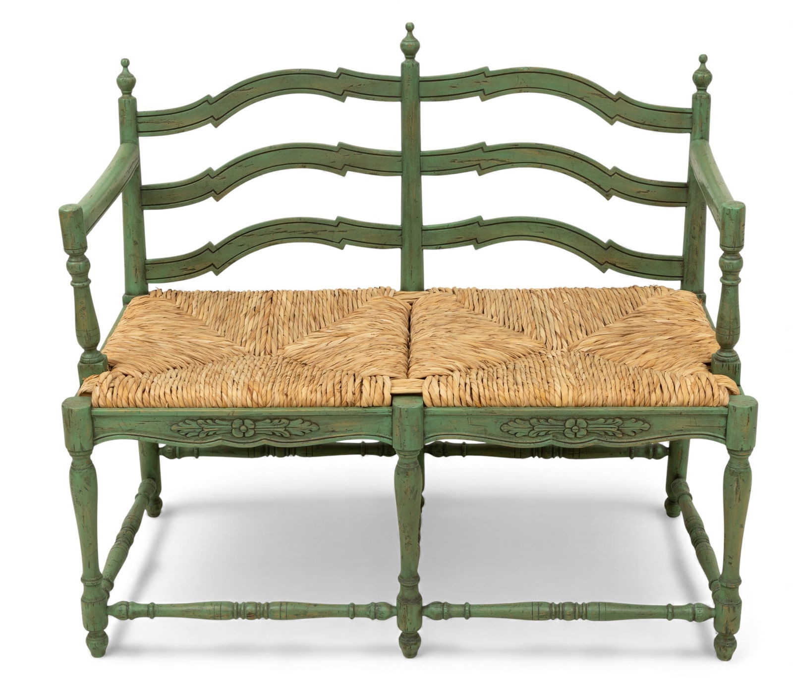 Country French Painted Green Double Seater Bench with Rush Seat H 28.5" W 38.5" Depth 19" (1 of 4)