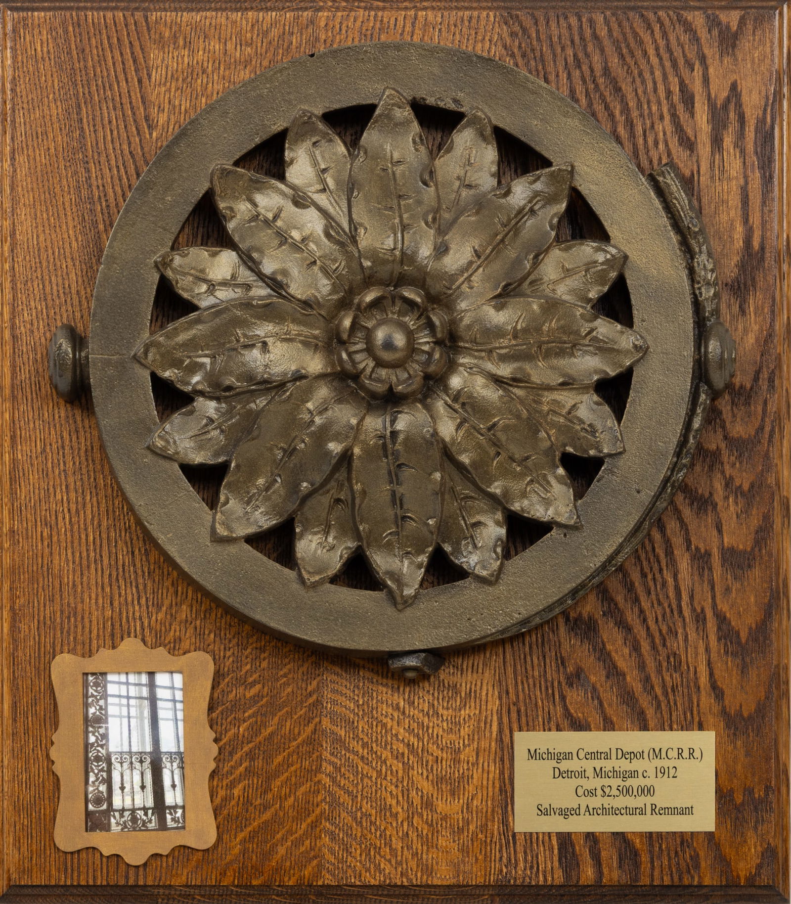 Michigan Central Railroad Depot Cast Iron Floral Architectural Element, Ca. 1912, H 12.5" W 13.5": Michigan Central Railroad Depot Cast Iron Floral Architectural Element, Ca. 1912, H 12.5" W 13.5" Cast iron floral architectural window element. "For 75 years, the depot shipped Detroiters off t