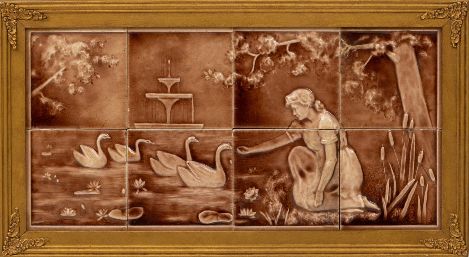 English Glazed Tile Relief Scene, Ca. 1910, H 11.5" W 23.5" Frame Size: H 26.5" W 14.5" (1 of 5)