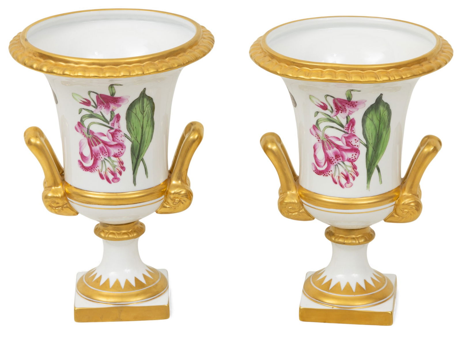 Chelsea House Floral Painted Urns H 10" Dia. 7": Chelsea House Floral Painted Urns H 10" Dia. 7" Having double handles with painted floral and leaf fired gold accents. Marked on the underside. Dimensions: H 10" Dia 7"