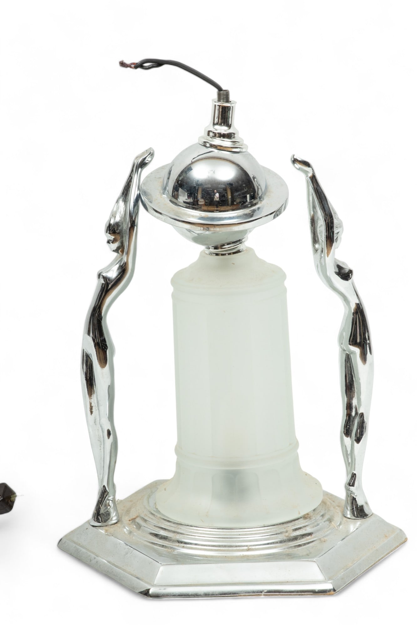 Dereco Classics Art Deco Style Chromed Metal and Frosted Glass Lamp Base, Ca. 1990s, H 13.5" Dia. (1 of 4)