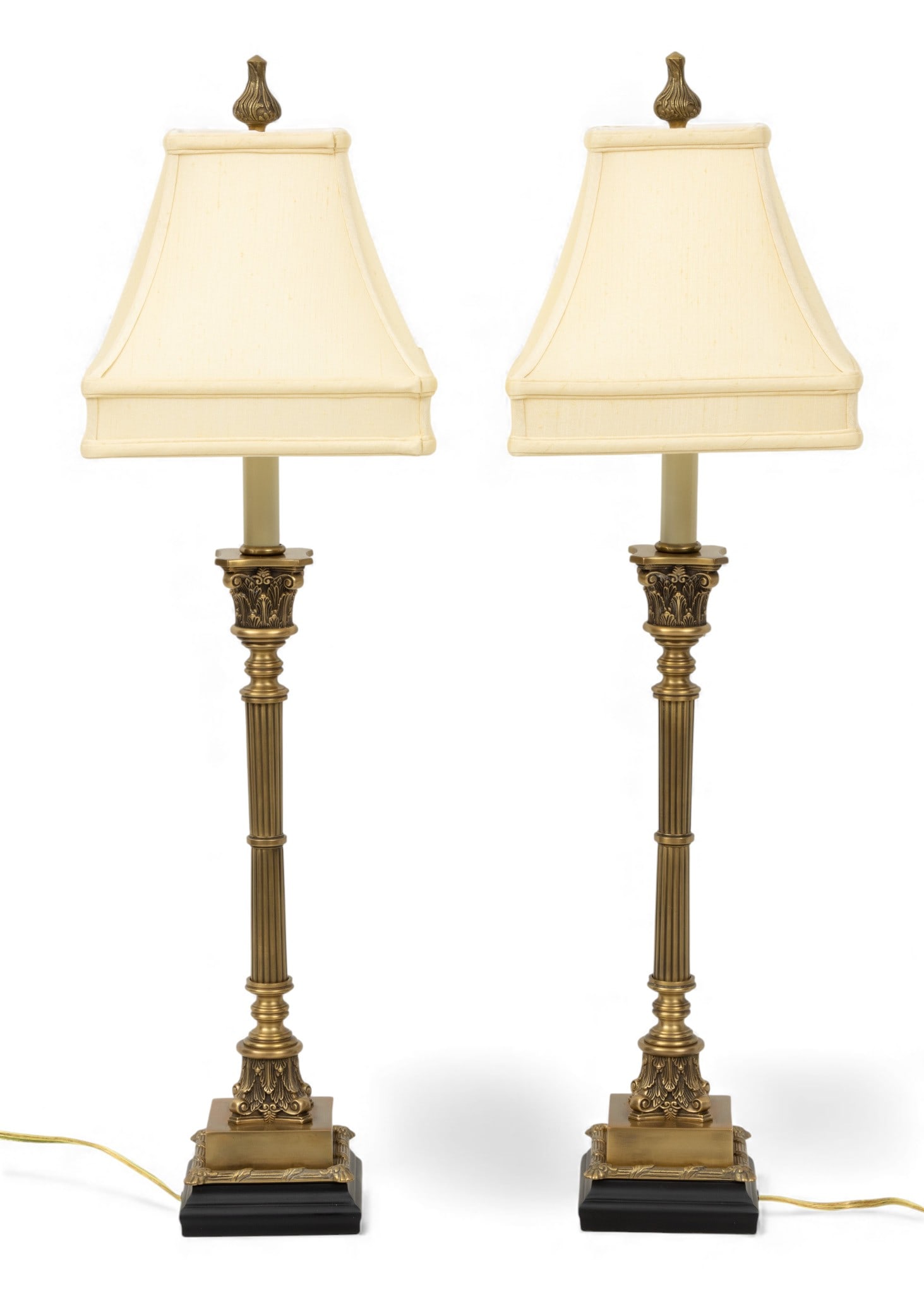 Pair of Gilt Metal Table Lamps 20th Cent., H 32" W 5" L 5": Pair of Gilt Metal Table Lamps 20th Cent., H 32" W 5" L 5" Electrified. Dimensions: H 32" W 5" L 5"