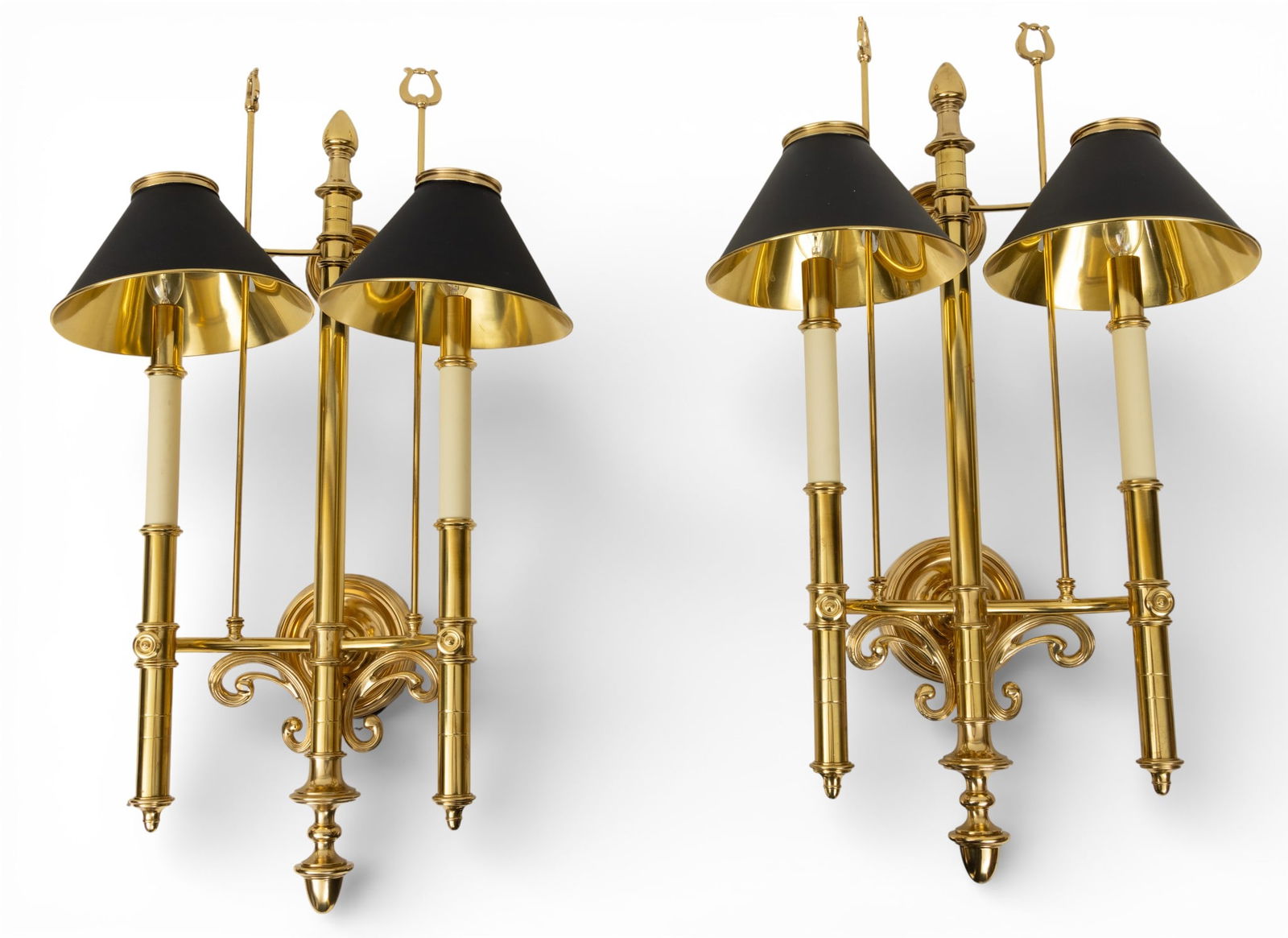 Chapman Two-light Brass Sconces 20th Cen., H 28" W 17" Depth 8" 1 PAIR: Chapman Two-light Brass Sconces 20th Cen., H 28" W 17" Depth 8" 1 PAIR Having black tole shades. Dimensions: H 28" W 17" Depth 8" 1 PAIR
