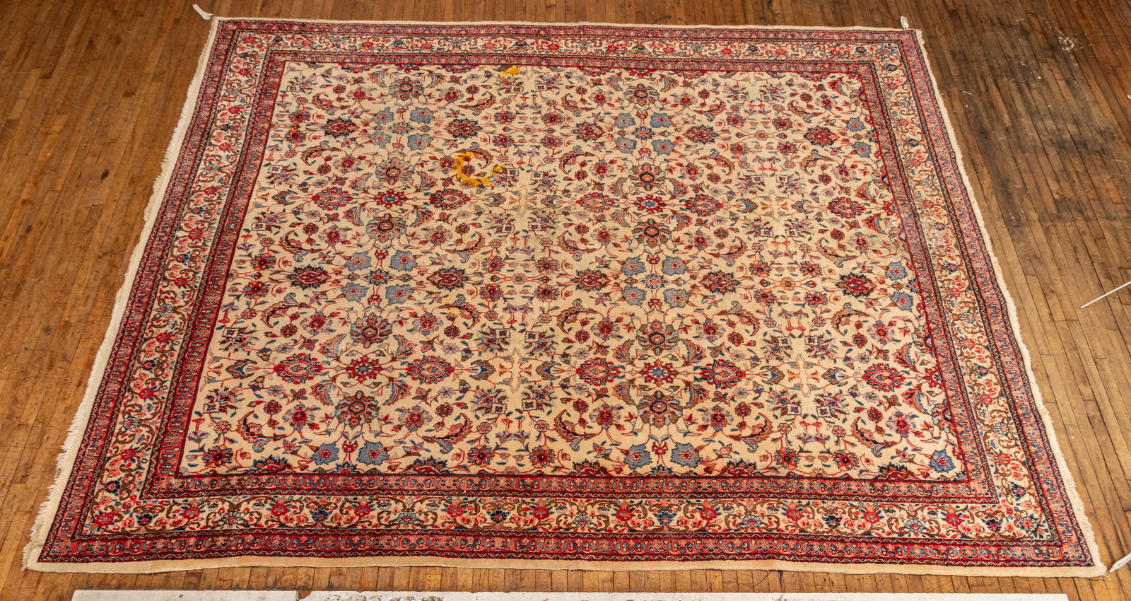 Persian Mashad Hand Woven Wool Oriental Rug 1940, W 10' L 14': Persian Mashad Hand Woven Wool Oriental Rug 1940, W 10' L 14' Intricate floral sprays adorn and ivory ground center with trefoil borders. Provenance: Property from the estate collection of Ali Amiri,